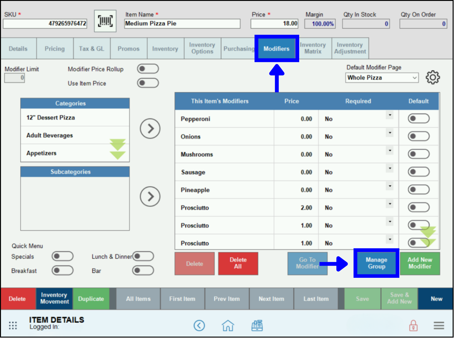 Modifiers tab and Manage group button highlighted