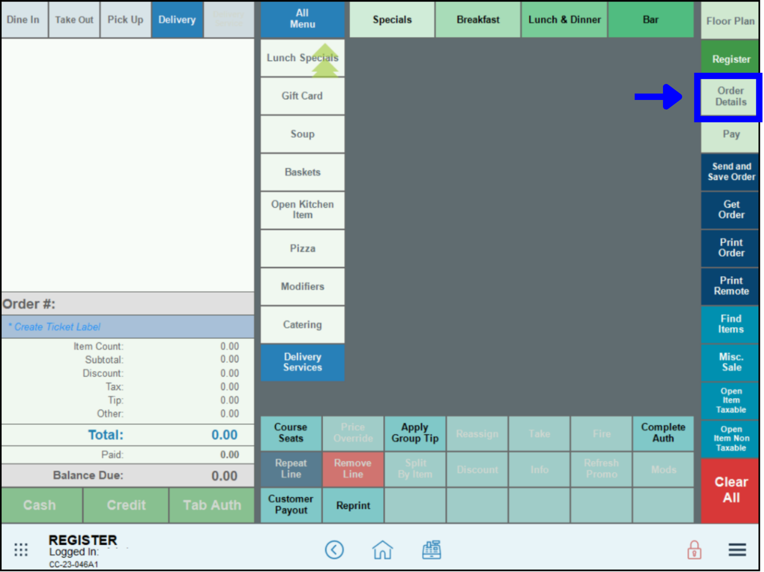 Order details button highlighted on register app