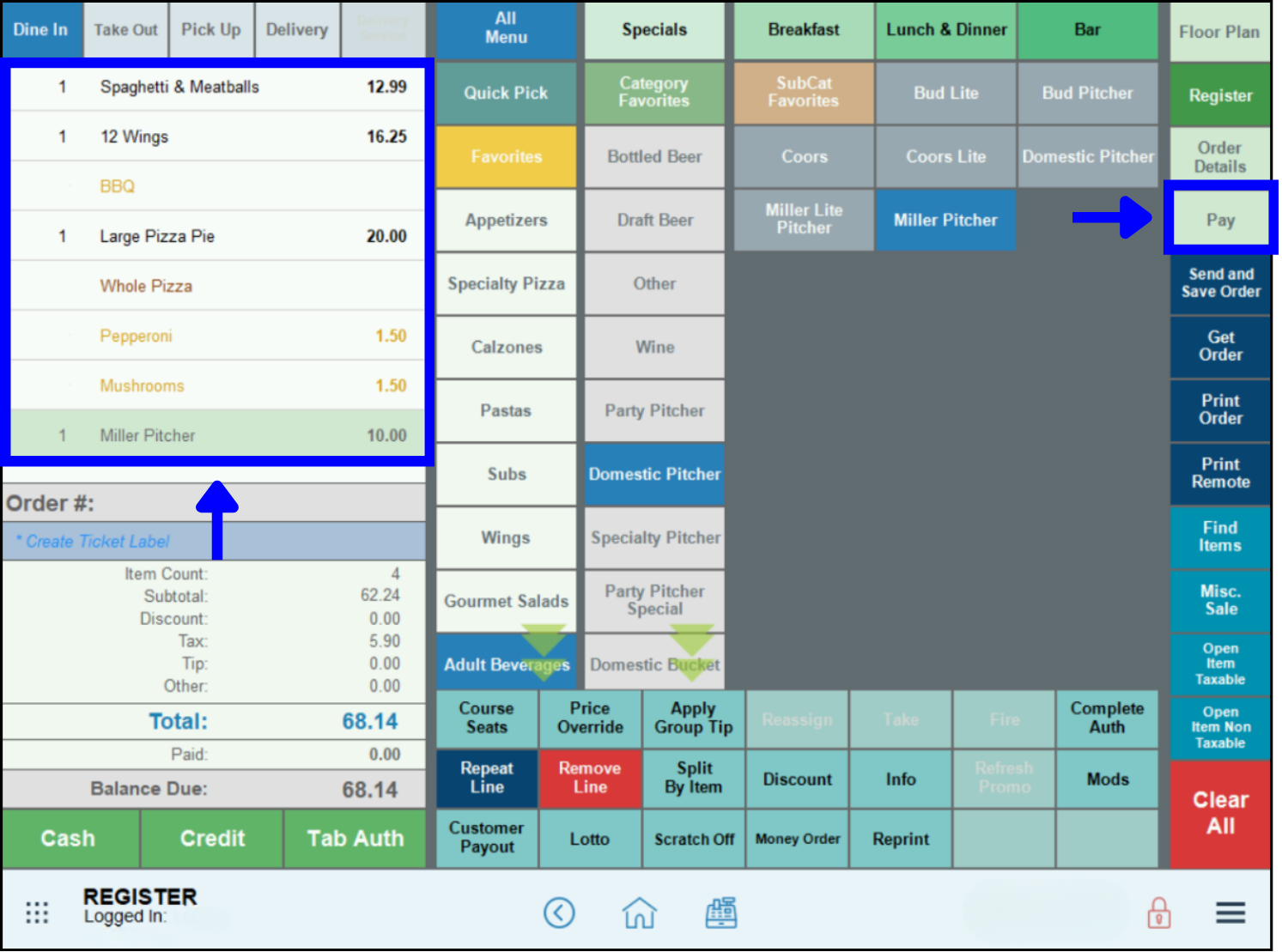 Sample order and Pay tab highlighted on register