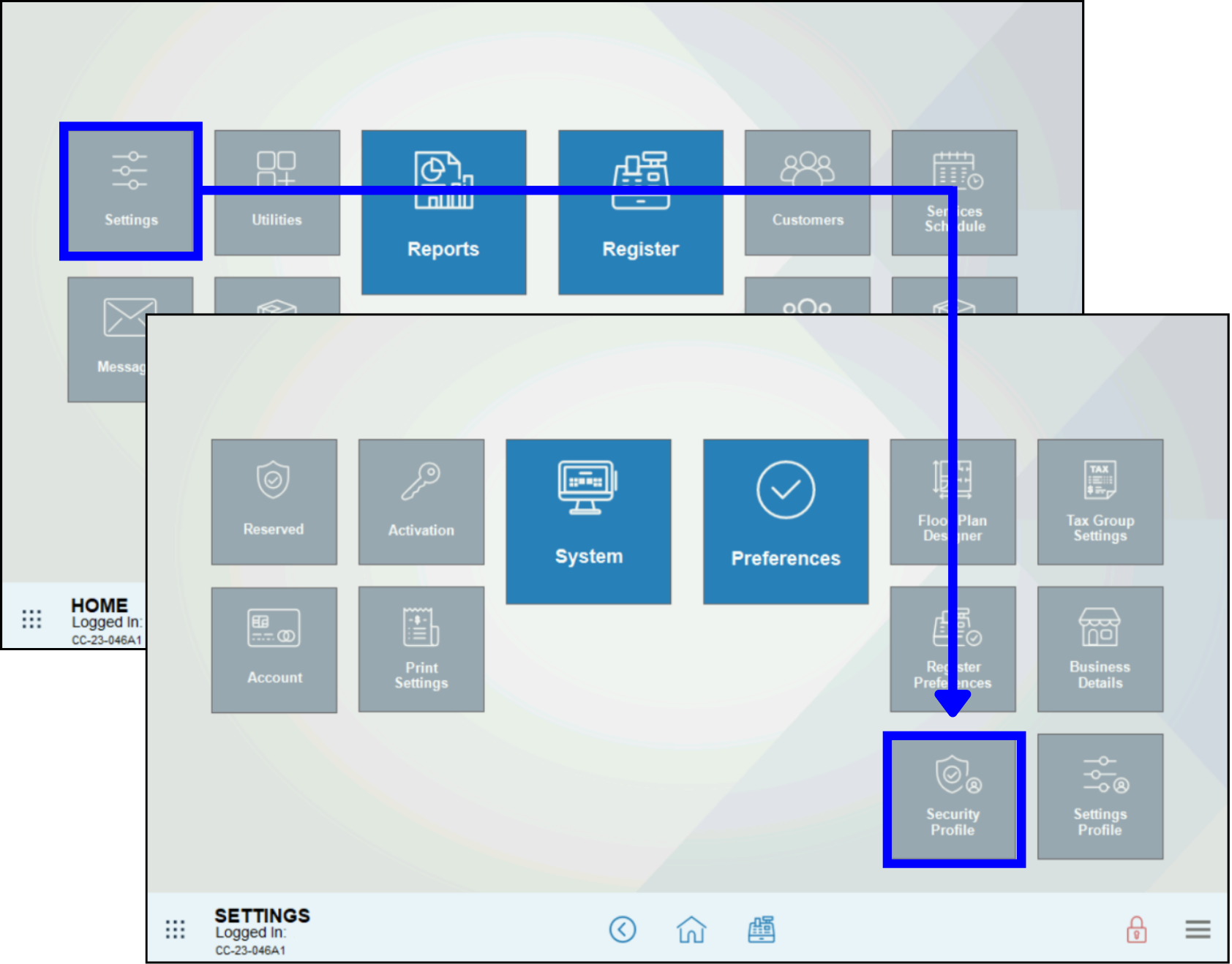 Tap Settings then Security Profile