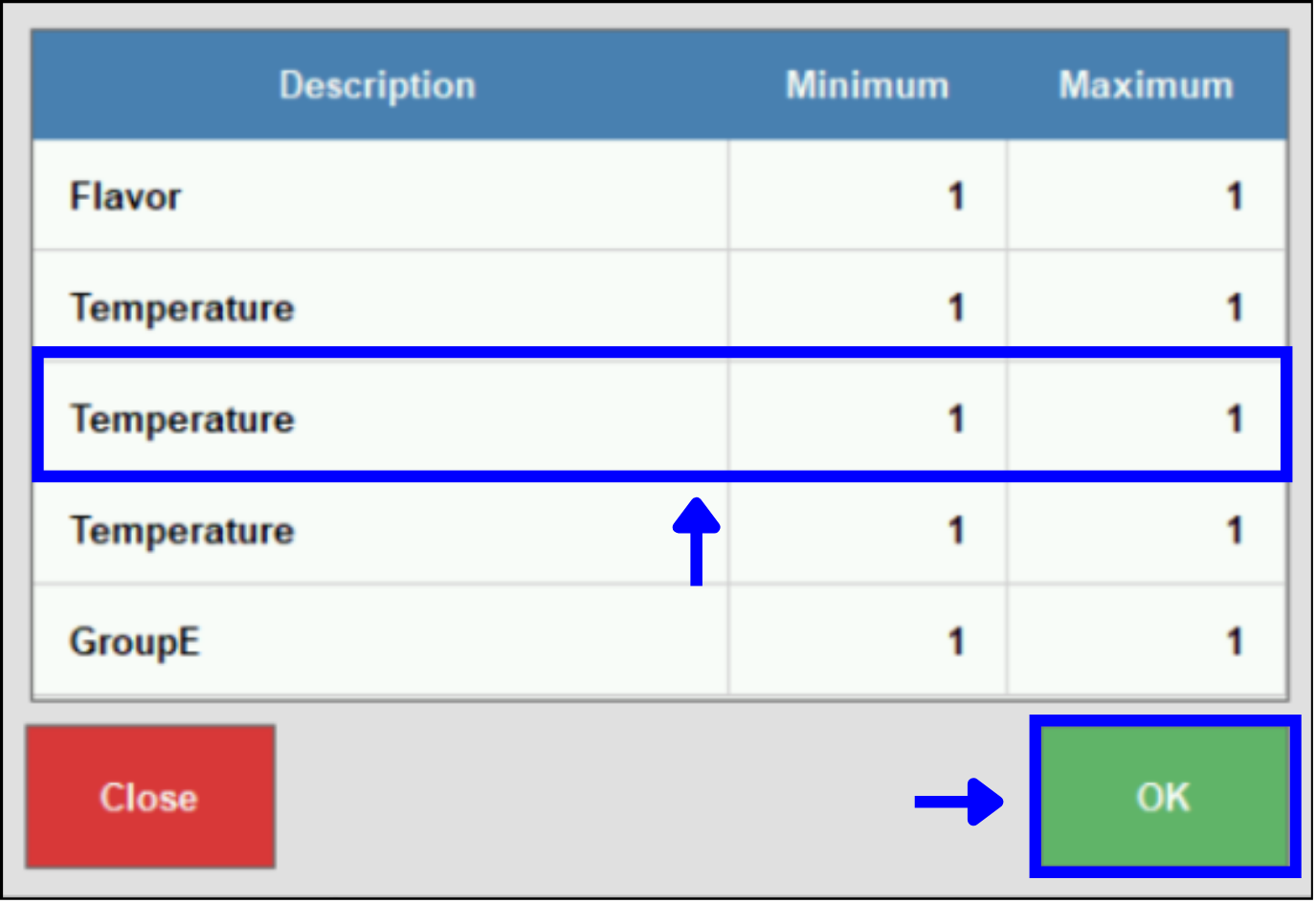 Temperature group and OK button highlighted