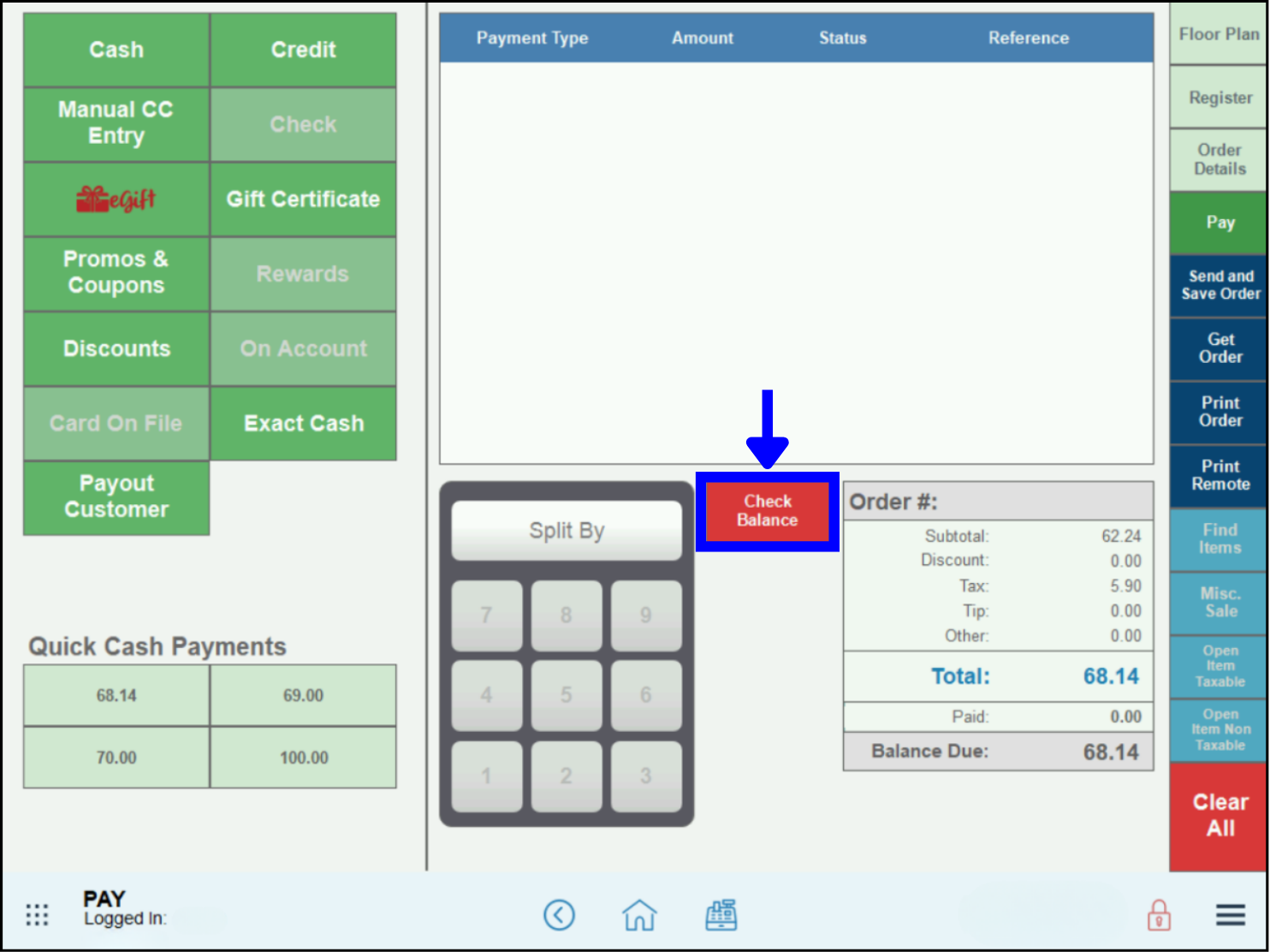 Check balance button highlighted on pay screen