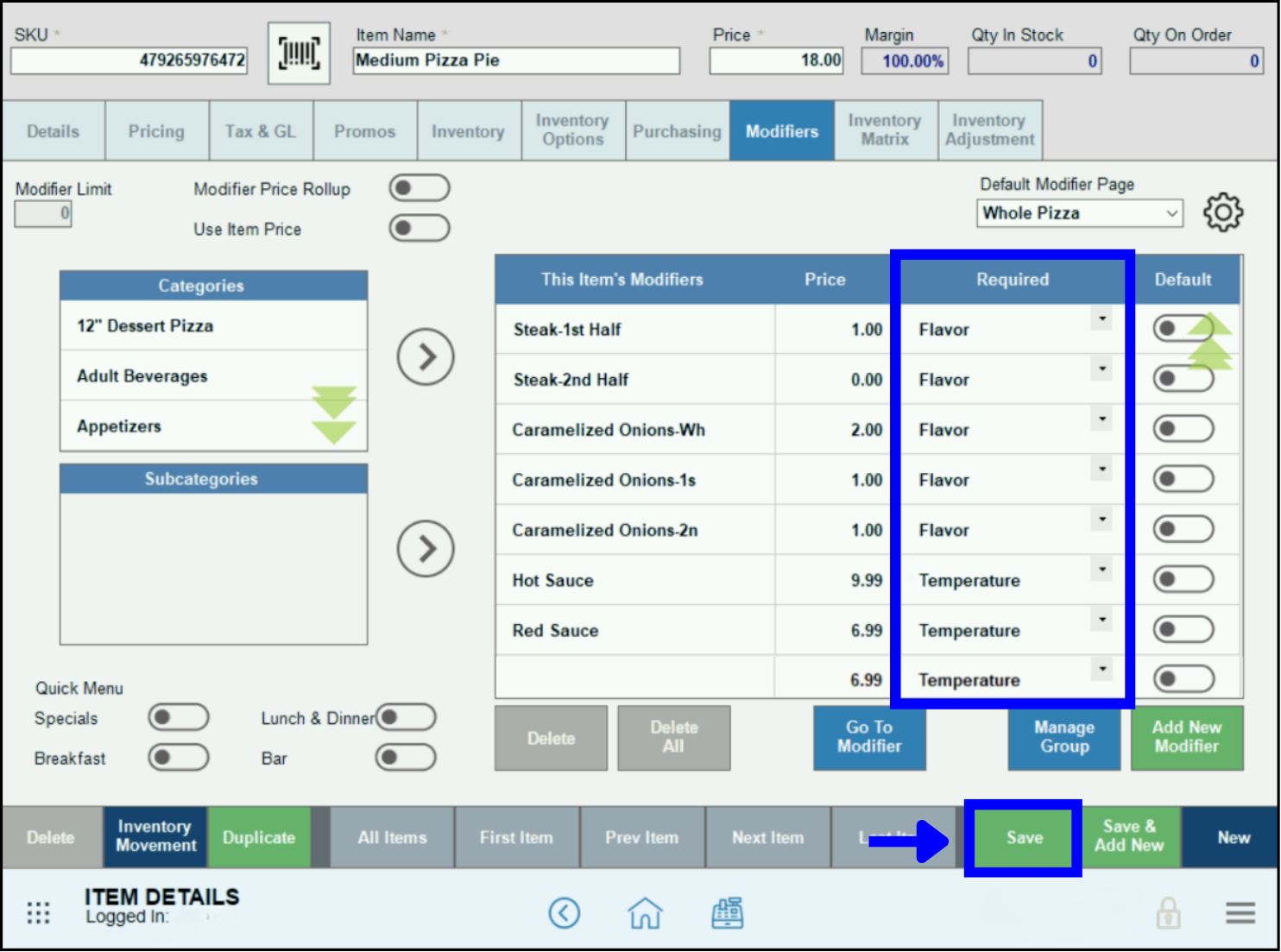 Required group labels highlighted on item details screen