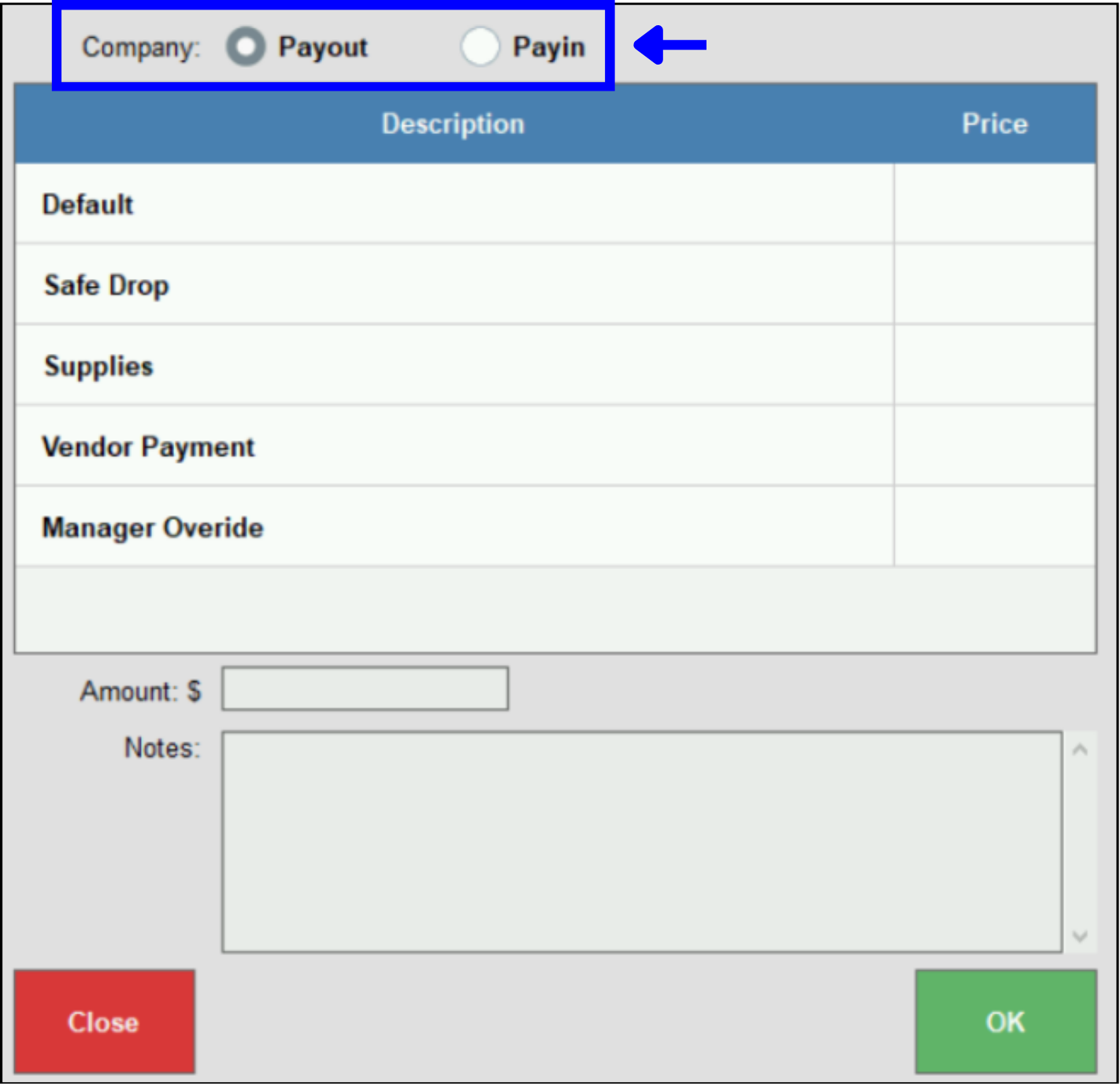 Payout and payin settings highlighted
