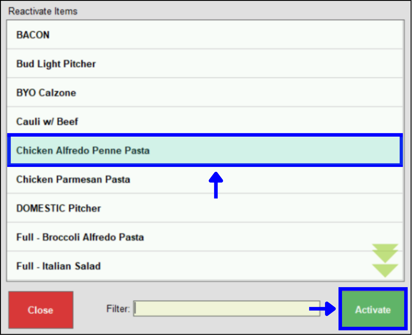 Scroll for item, then activate