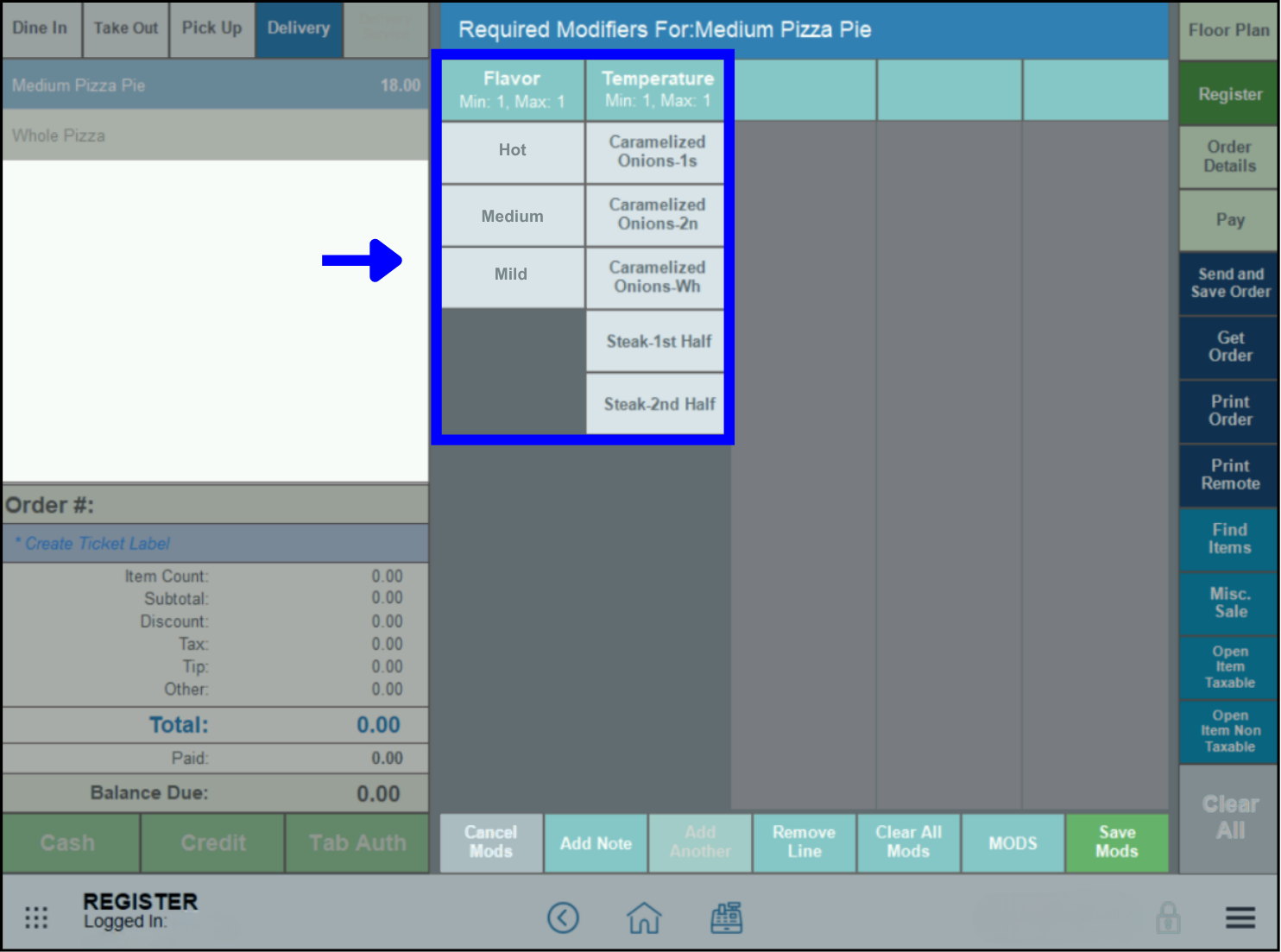 Temperature and flavor modifier labels highlighted
