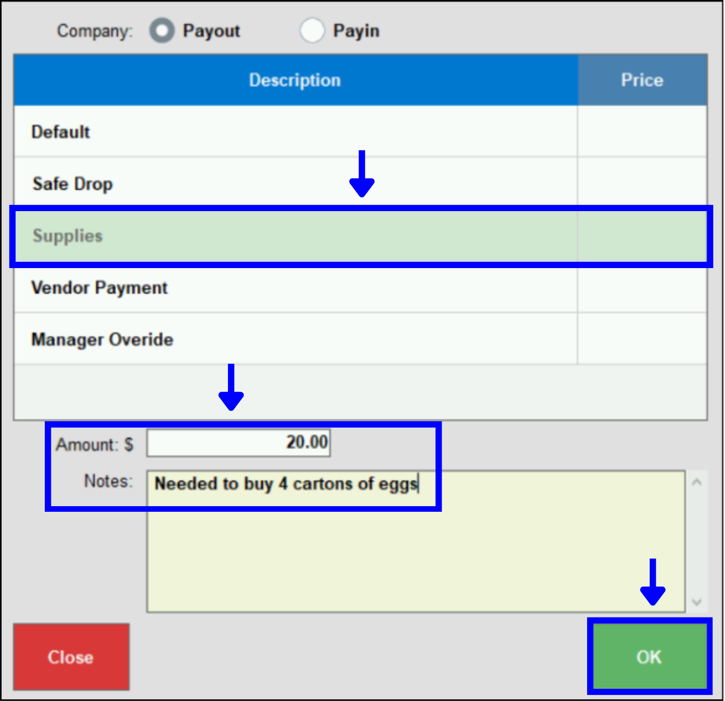Supplies amount and reason highlighted in payout description work area