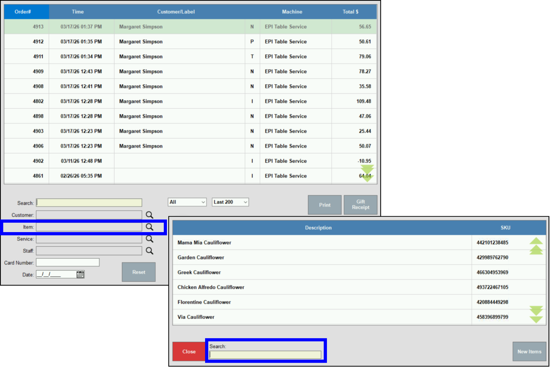 Pop-up showing search by item results