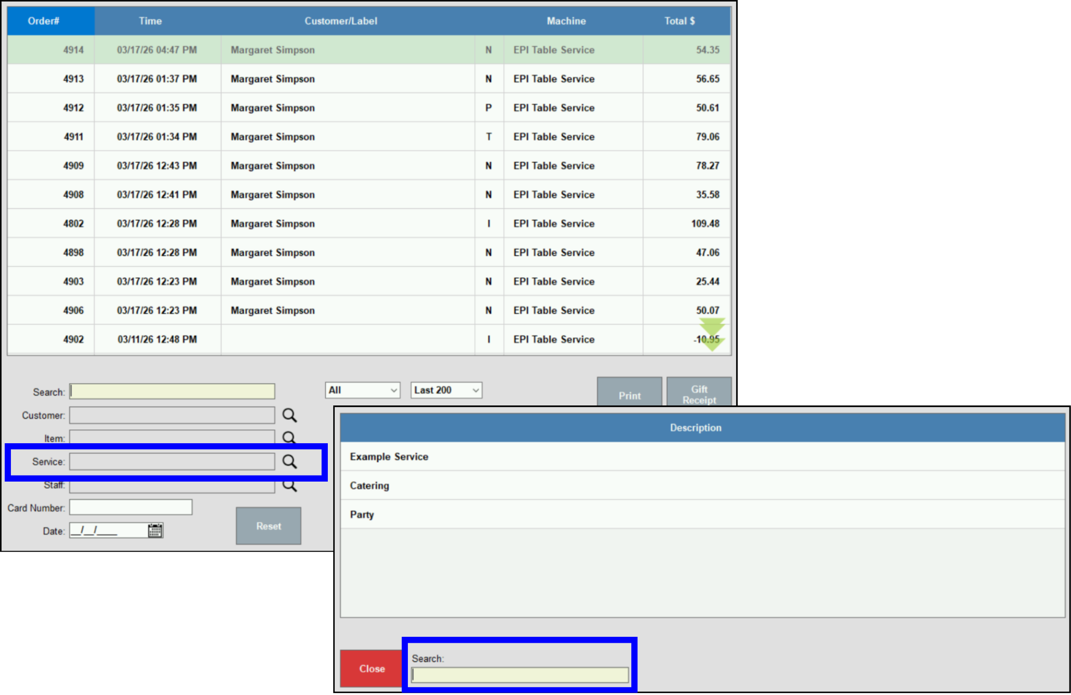 Pop-up showing search by service results