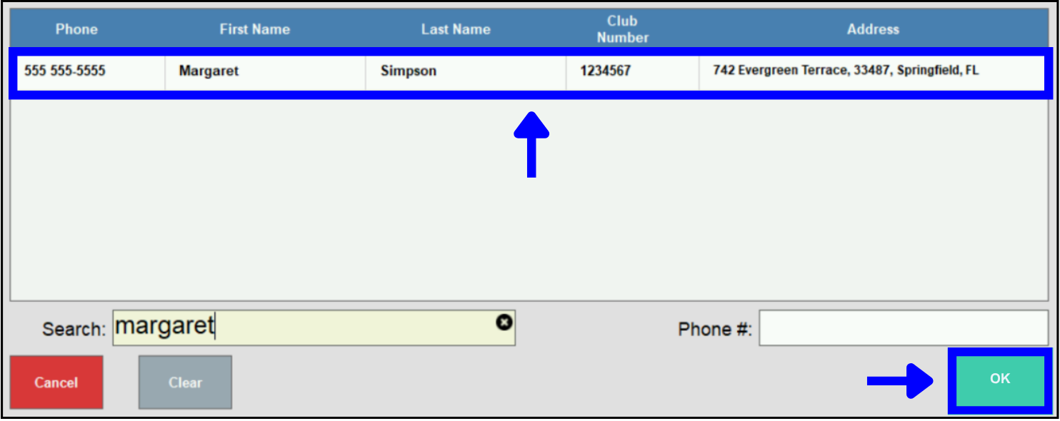 Selected customer highlighted with arrow leading to okay button