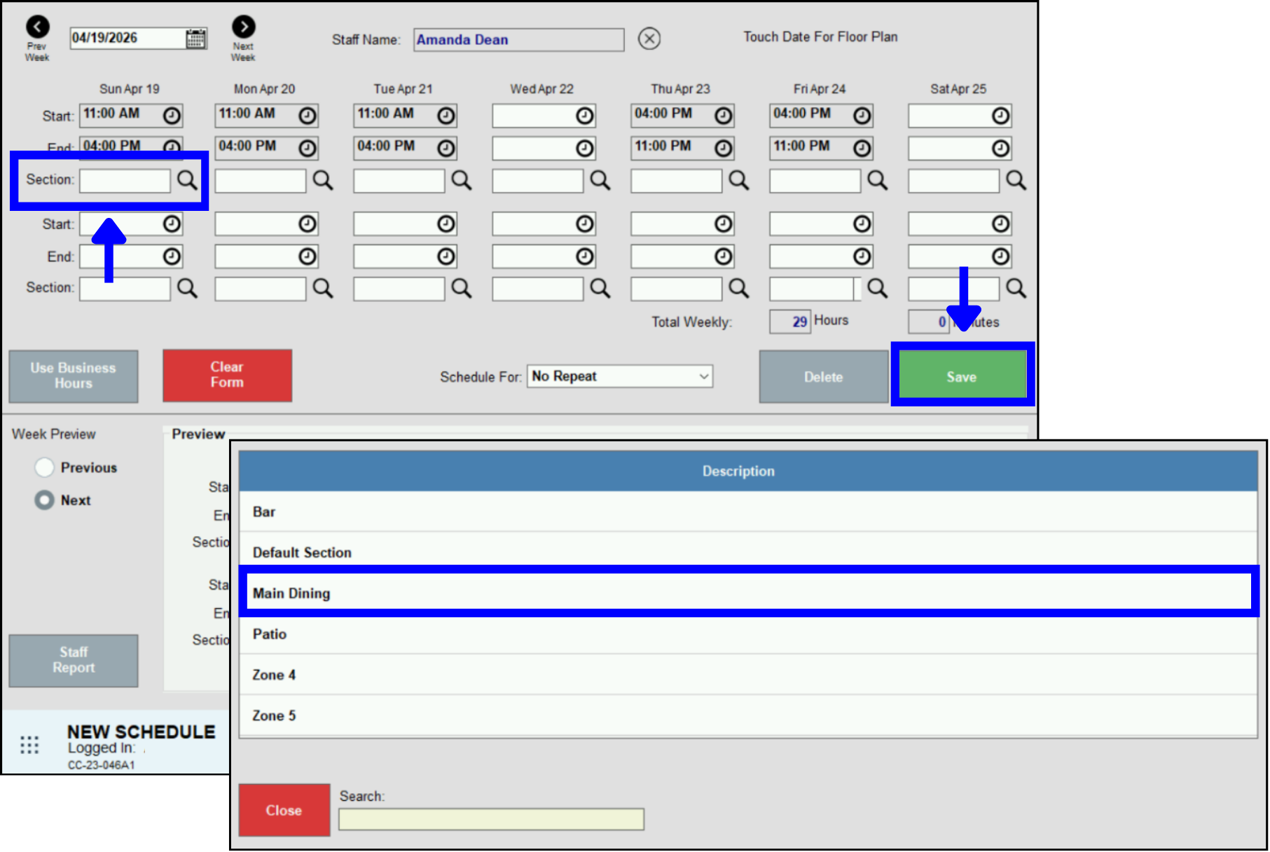 Choose section for each shift