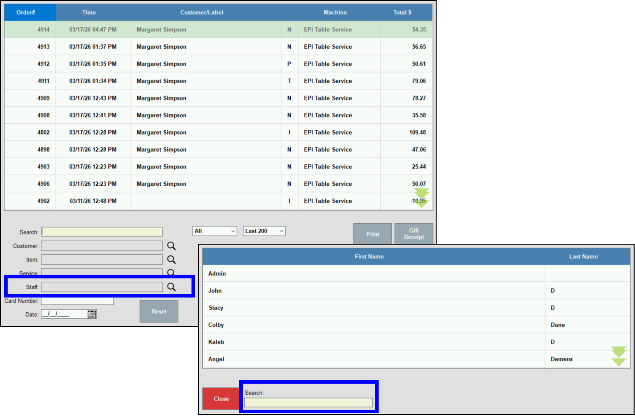 Pop-up showing search by staff results