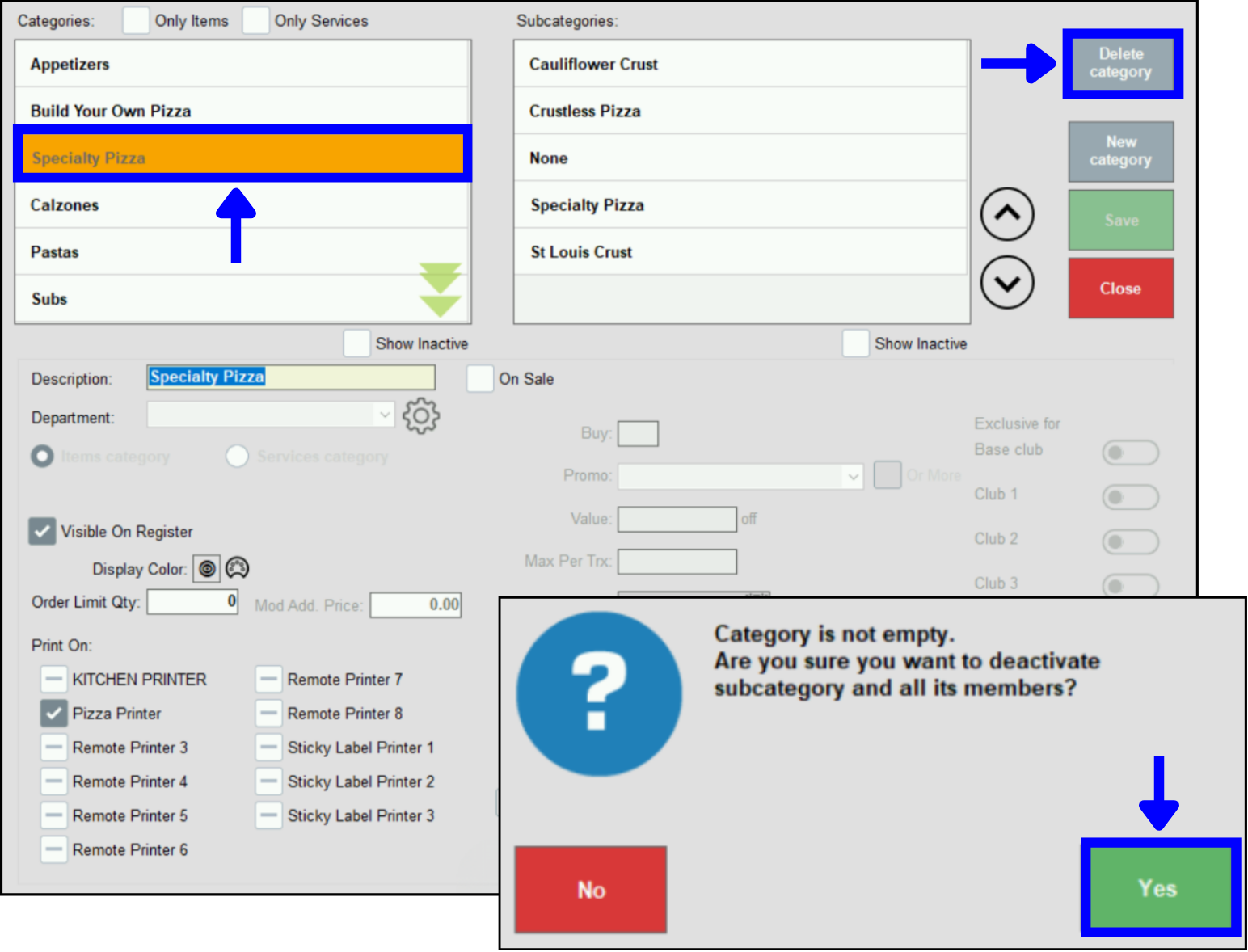 Delete and confirm category deactivation