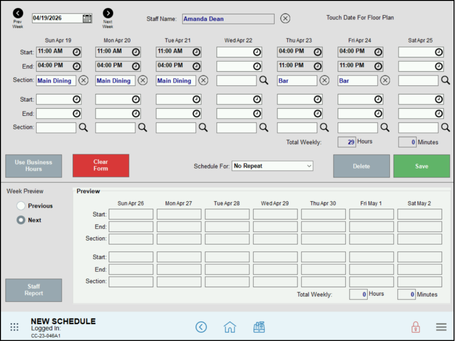 Example of scheduled shifts with assigned sections