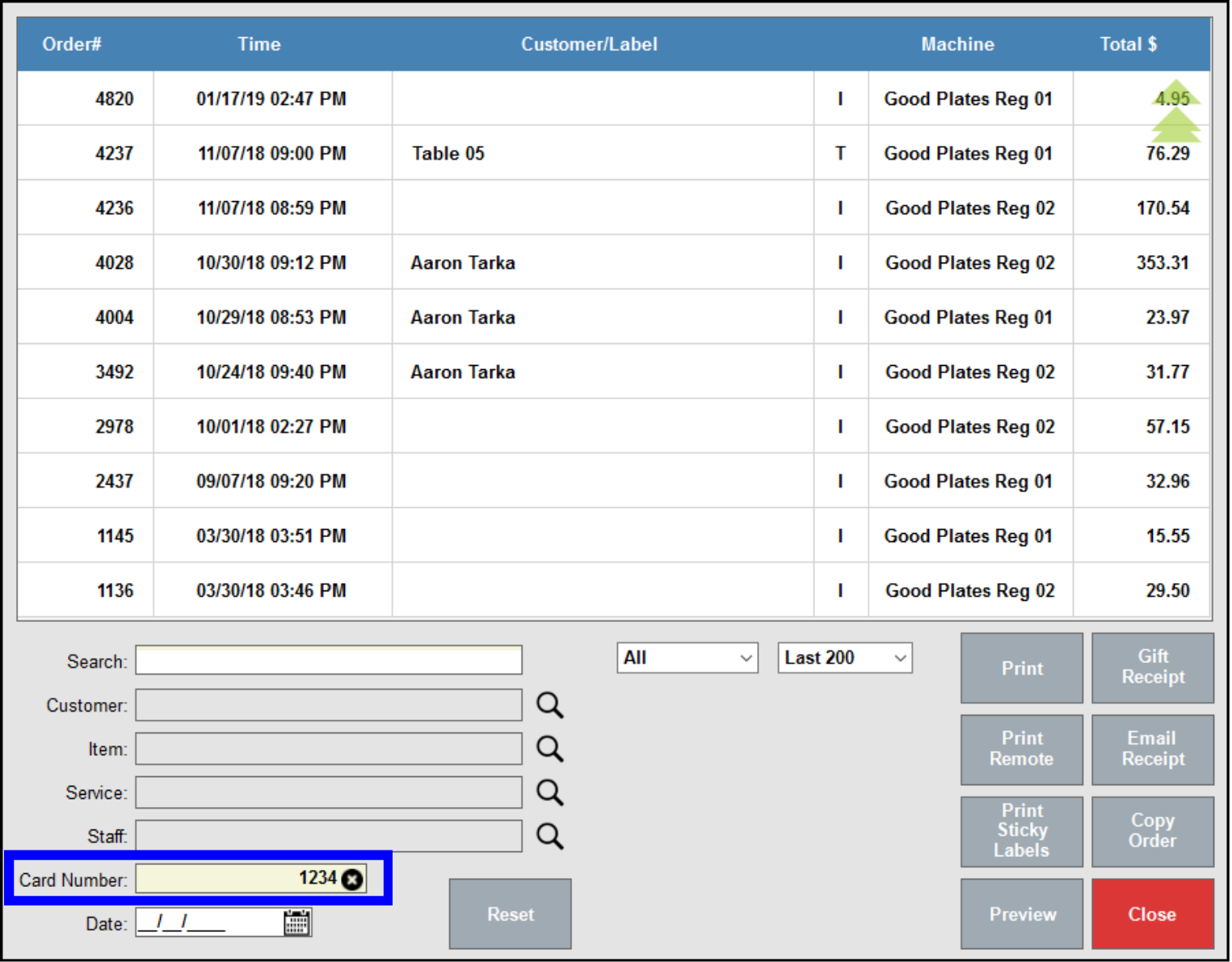 Pop-up showing search by card number results
