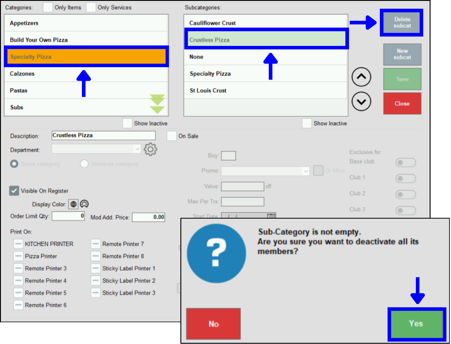 Deactivate and confirm subcategory deactivation