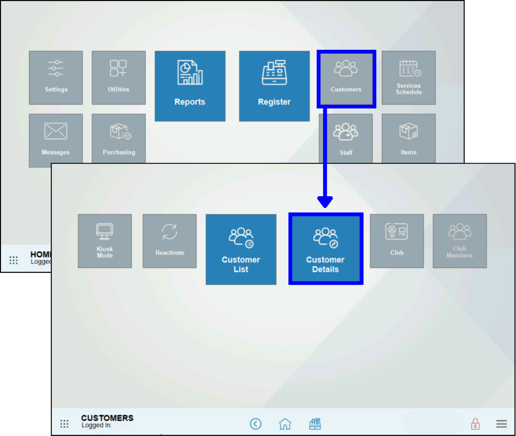 Customers module highlighted with arrow leading to customer details submodule