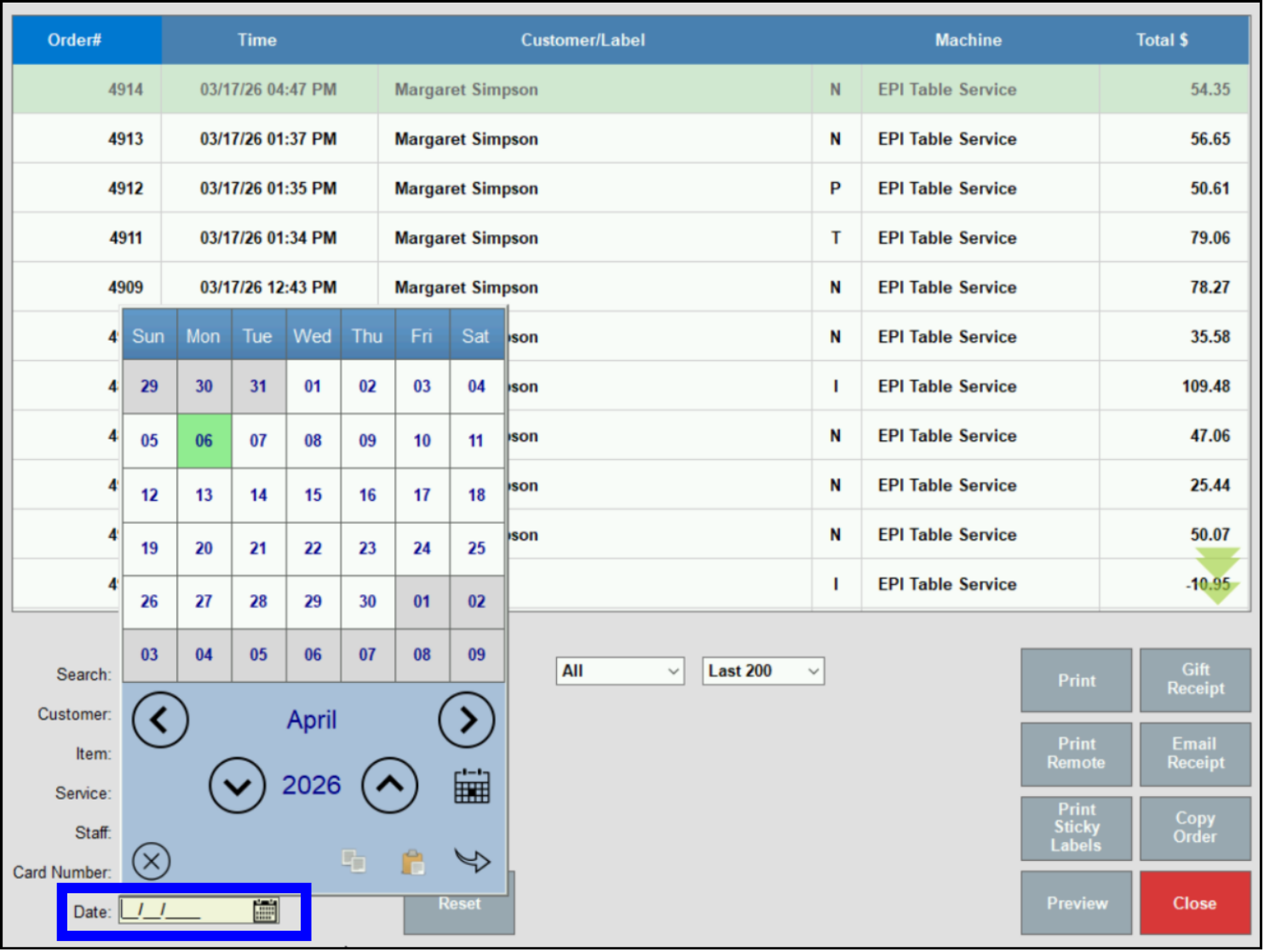 Pop-up showing search by date results