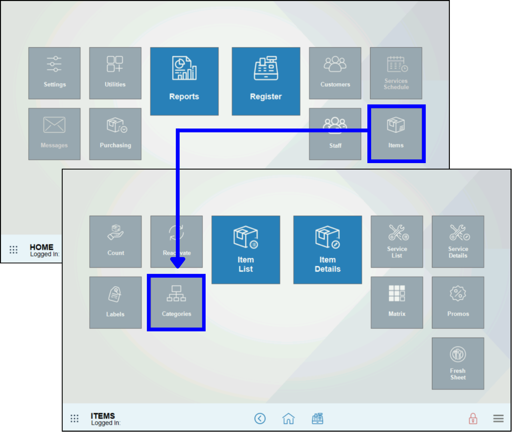 Tap Items then Categories