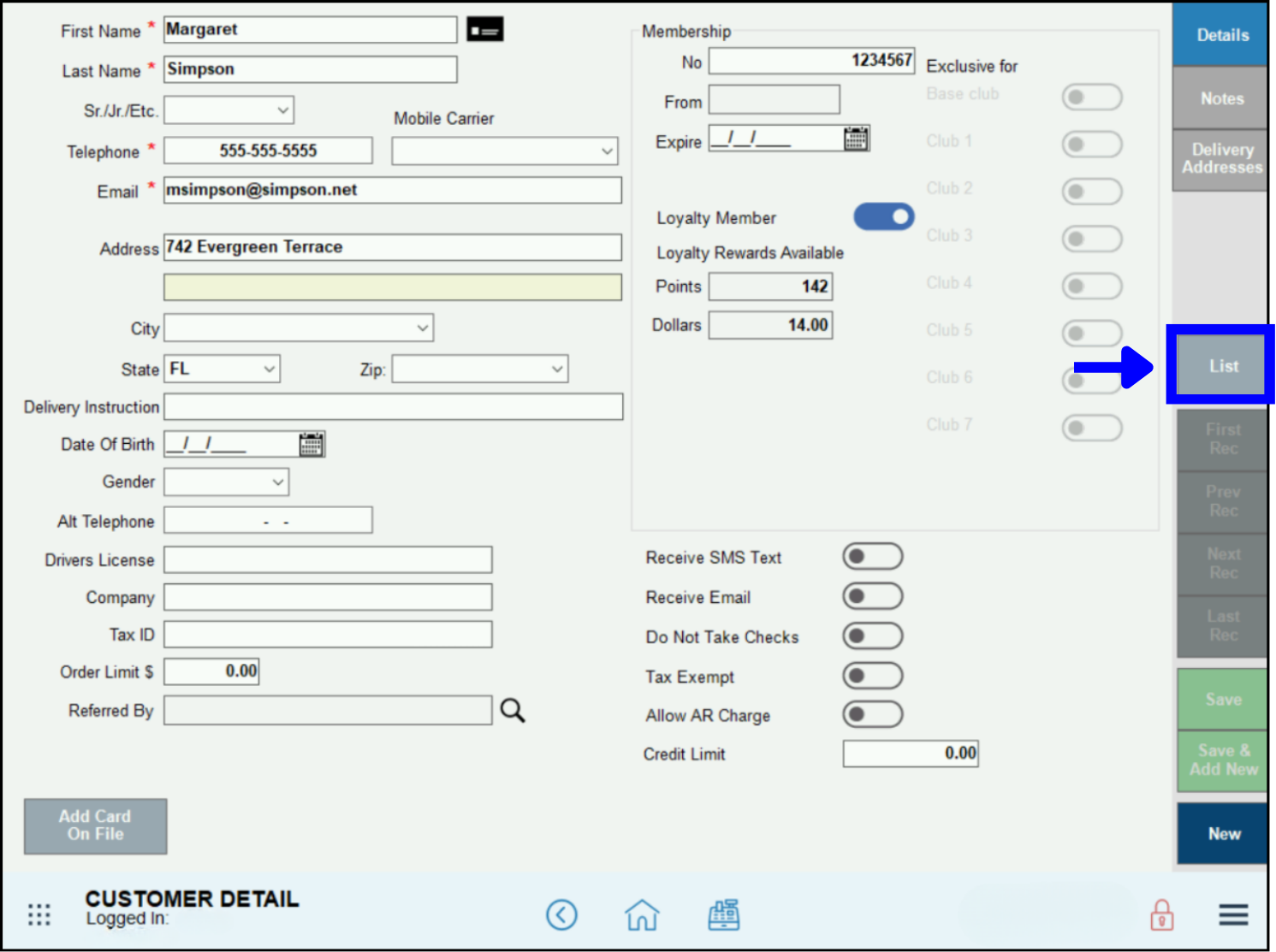 List tab highlighted on customer details screen