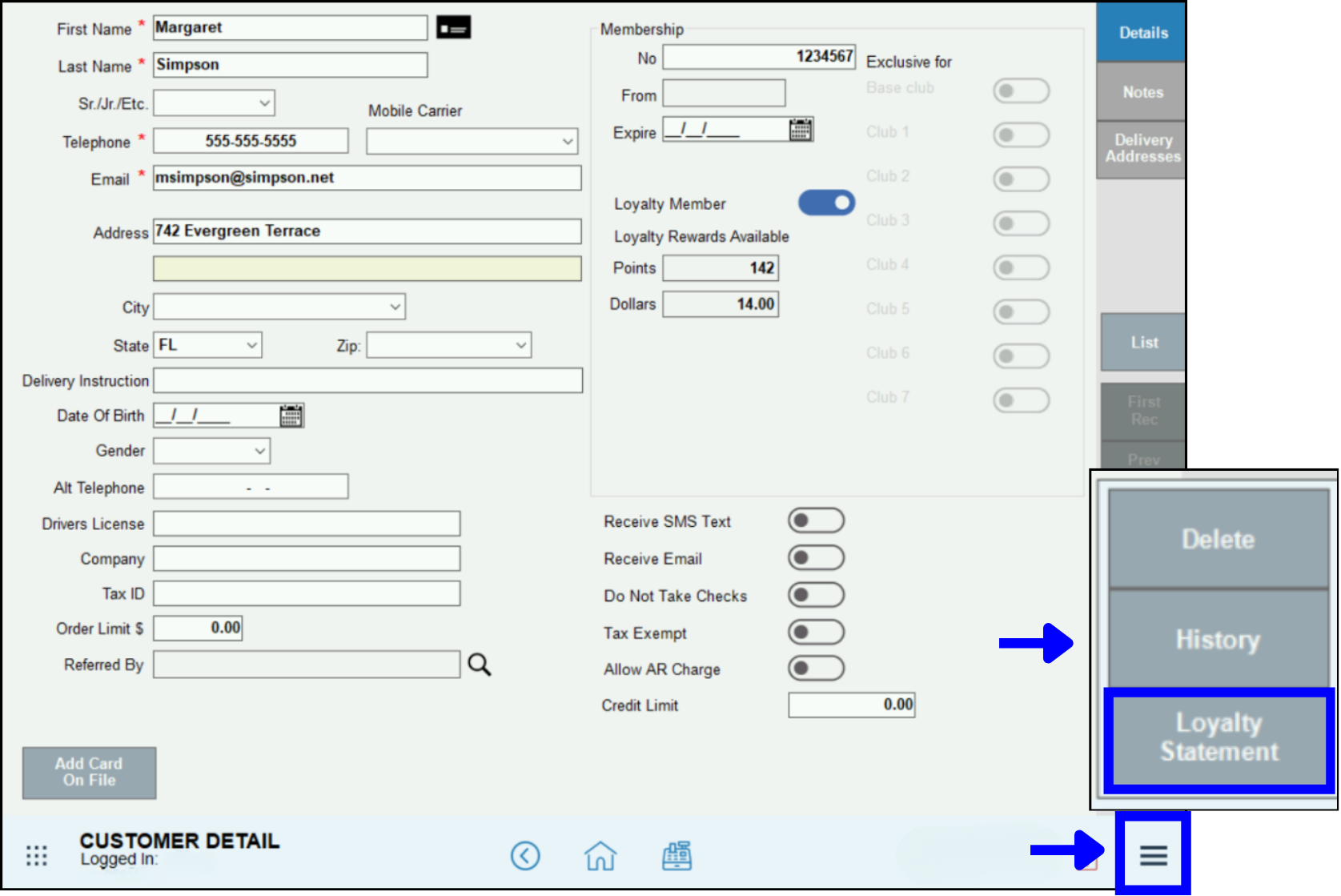 Global menu at bottom right of screen and loyalty statement buton highlighted