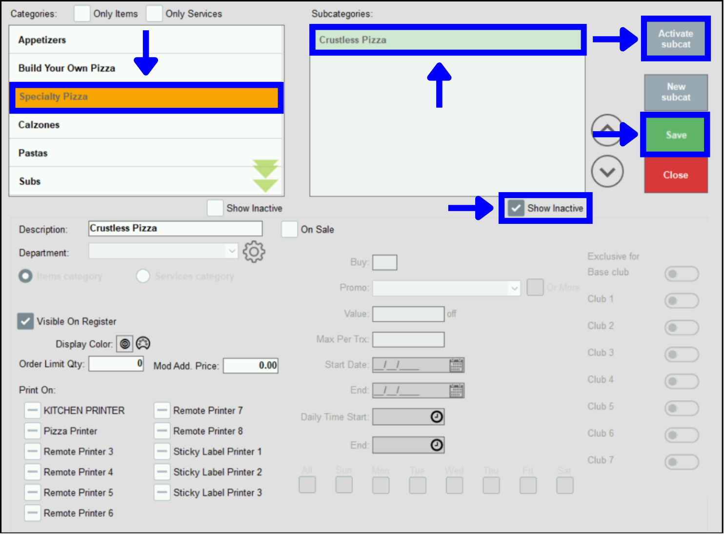 Activate subcategory and Save