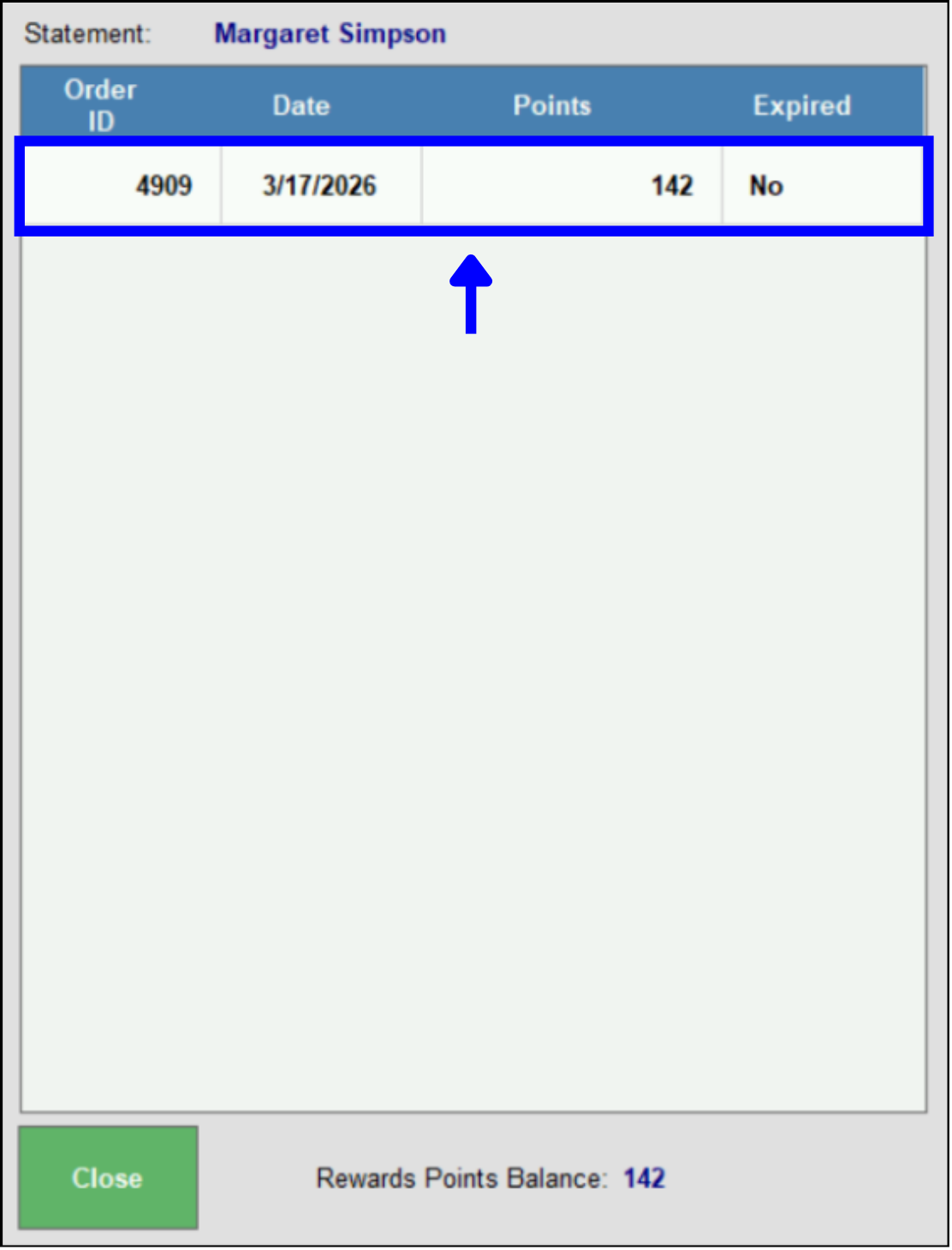 Loyalty reward point balance highlighted on statement screen