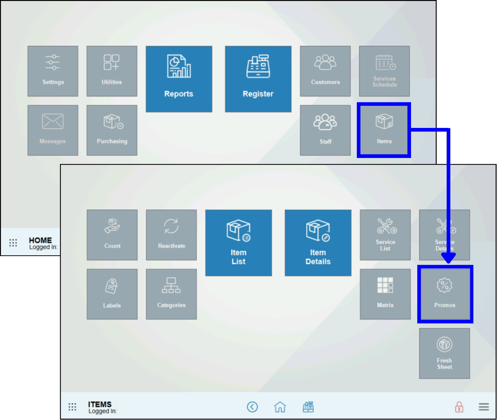 Tap Items then Promos