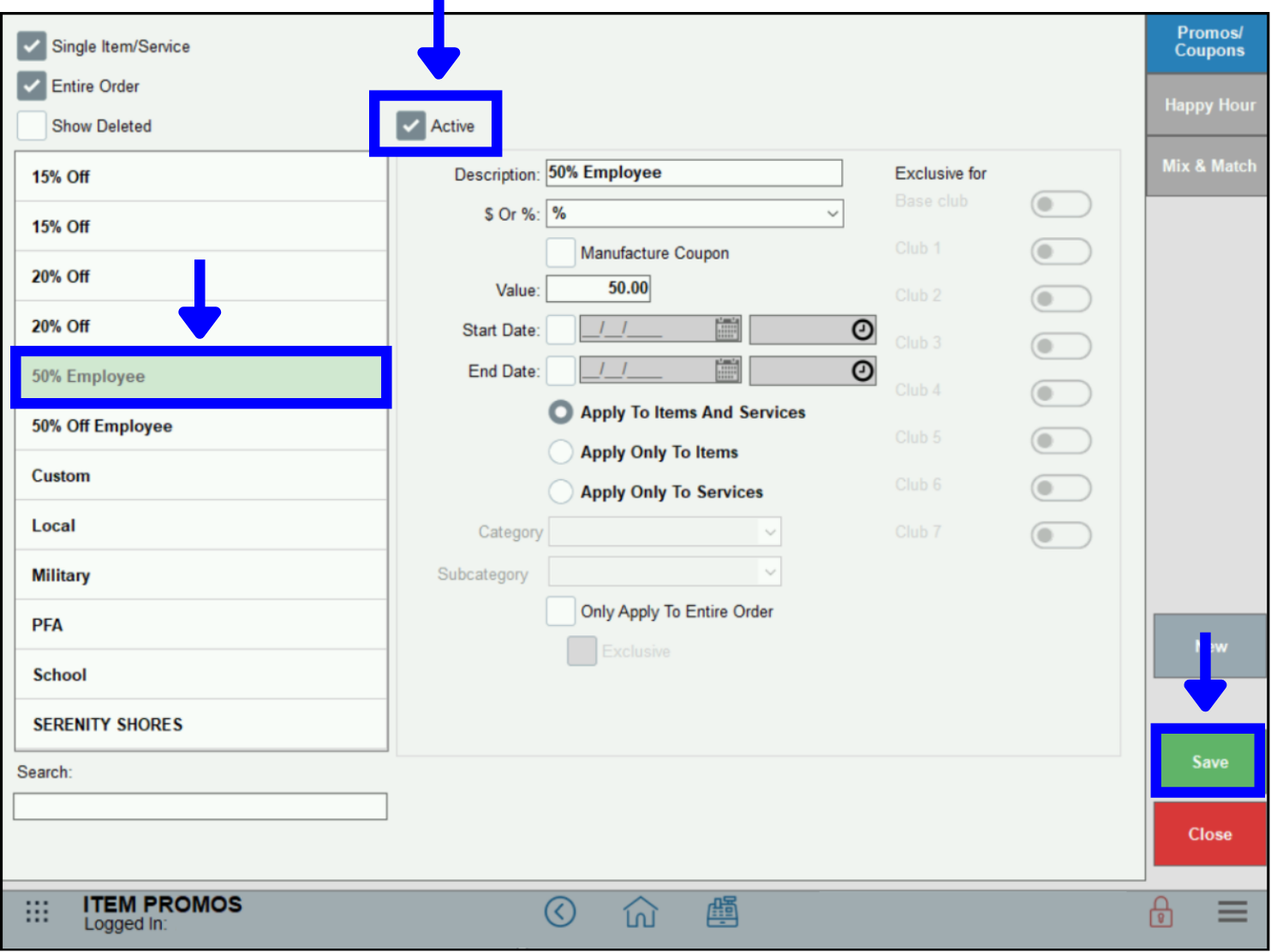 Uncheck Active box, tap Save