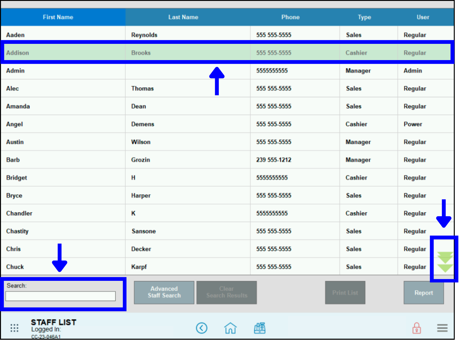 Scroll or search for staff name