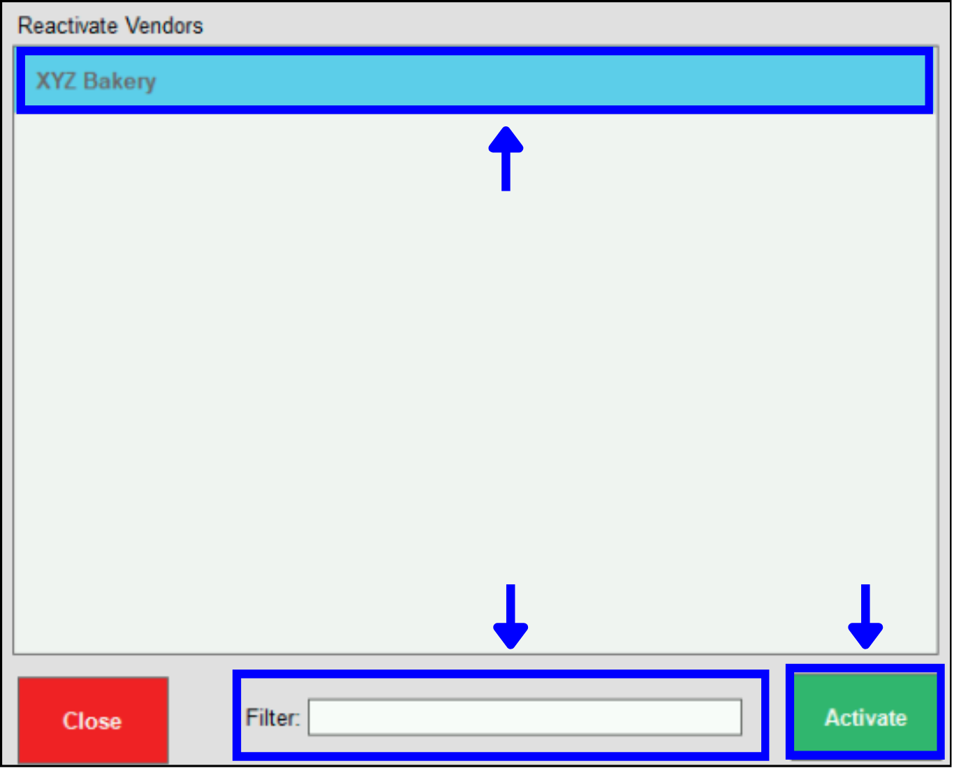 Scroll or filter to find vendor to reactivate