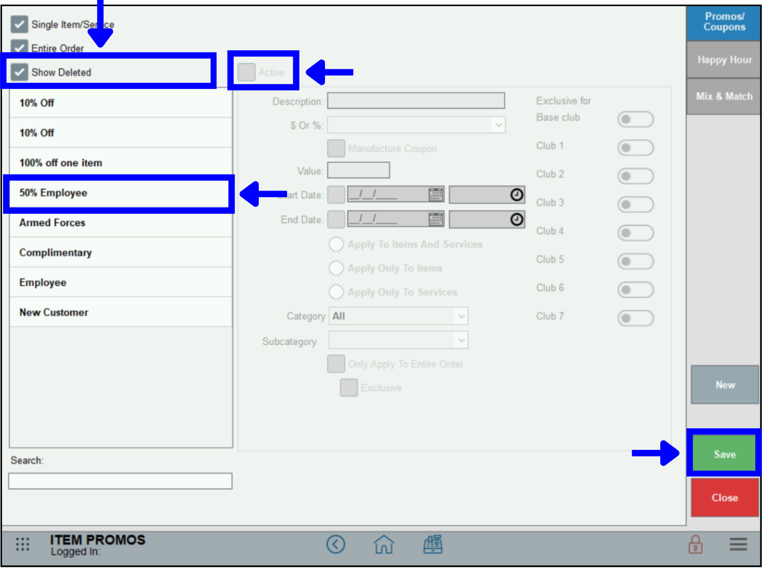 Check Show Deleted box, select promo, check Active box, Save
