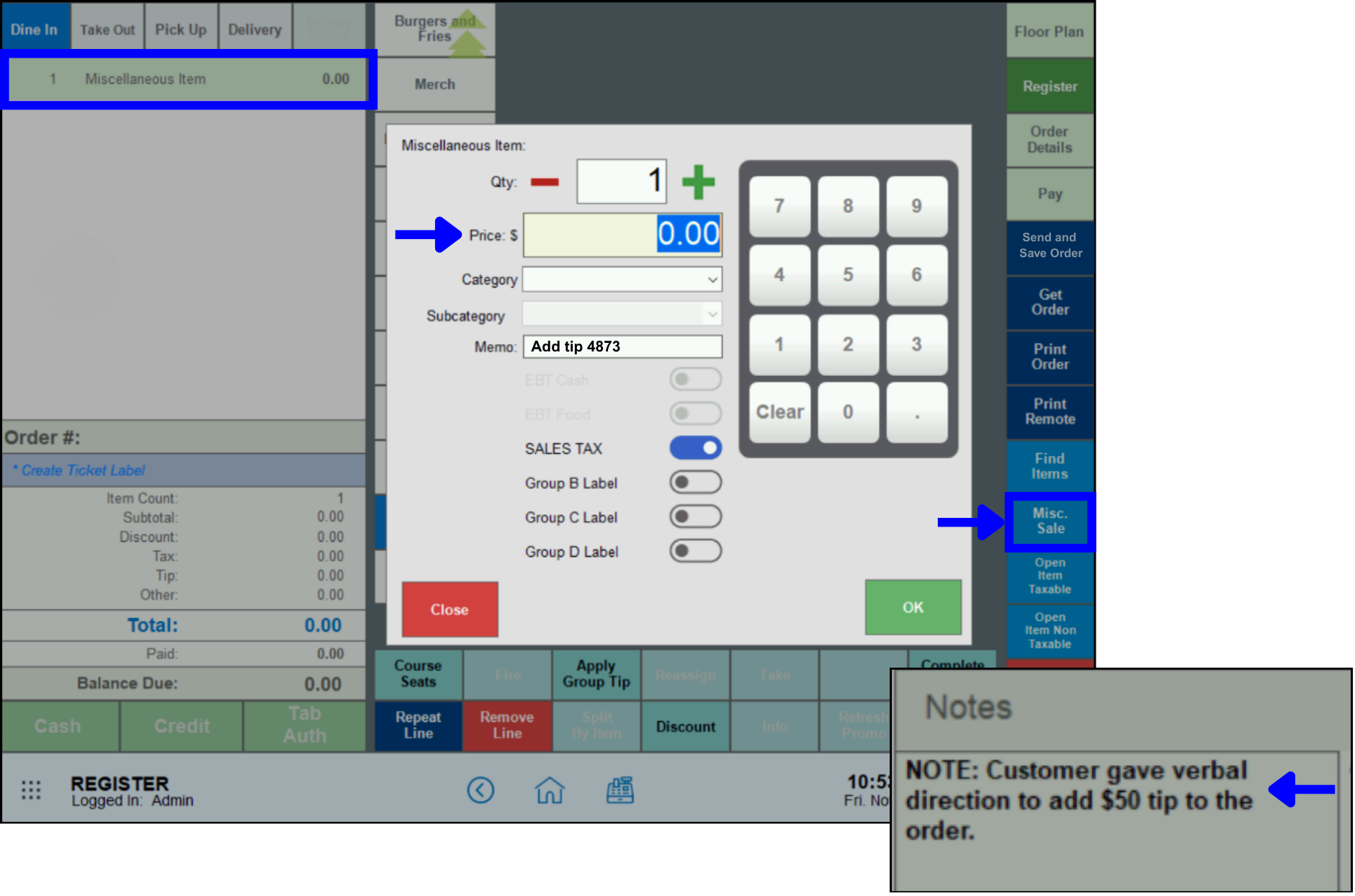 Add tip to a closed order via Register Misc Sale