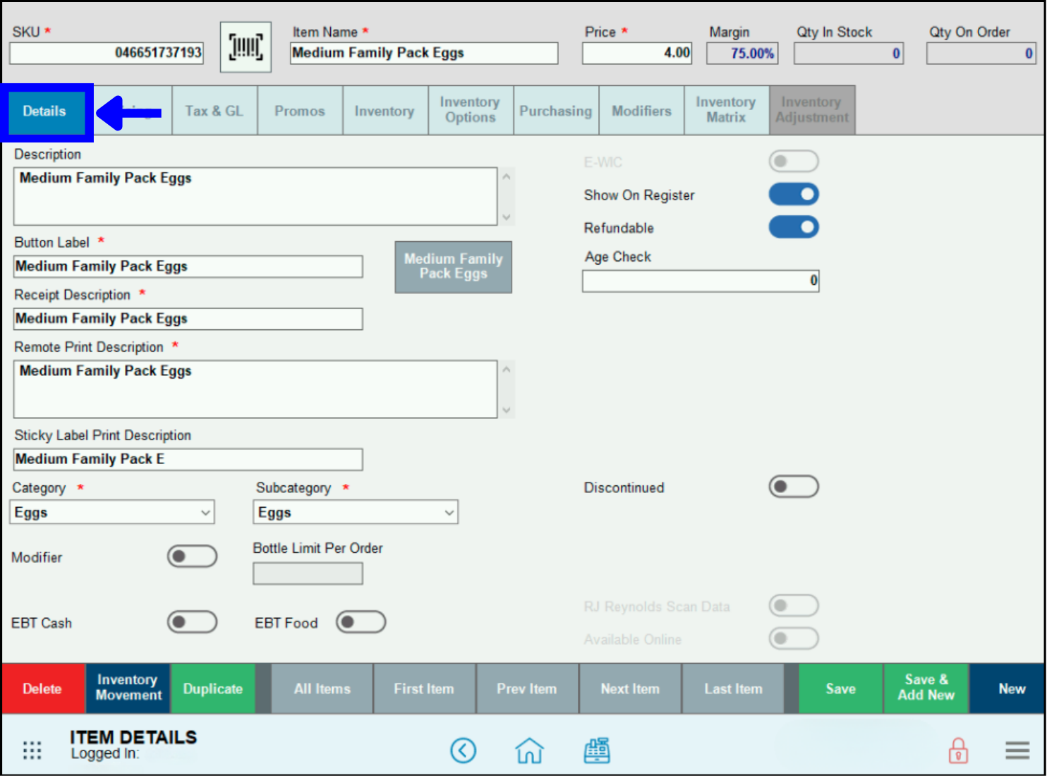 Details tab highlighted on item details screen