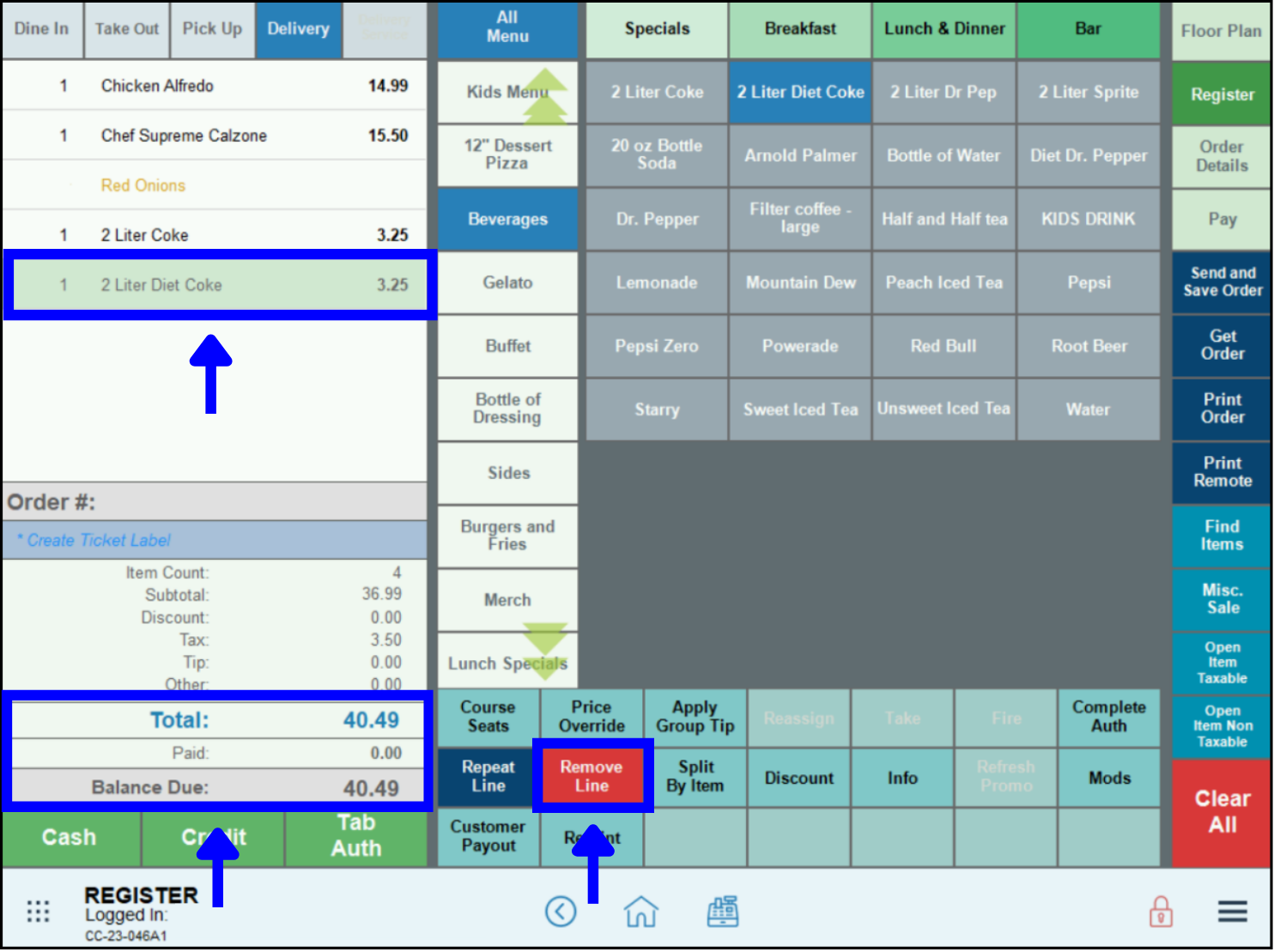 Item to remove from order selected in register window, remove line button highlighted on register app