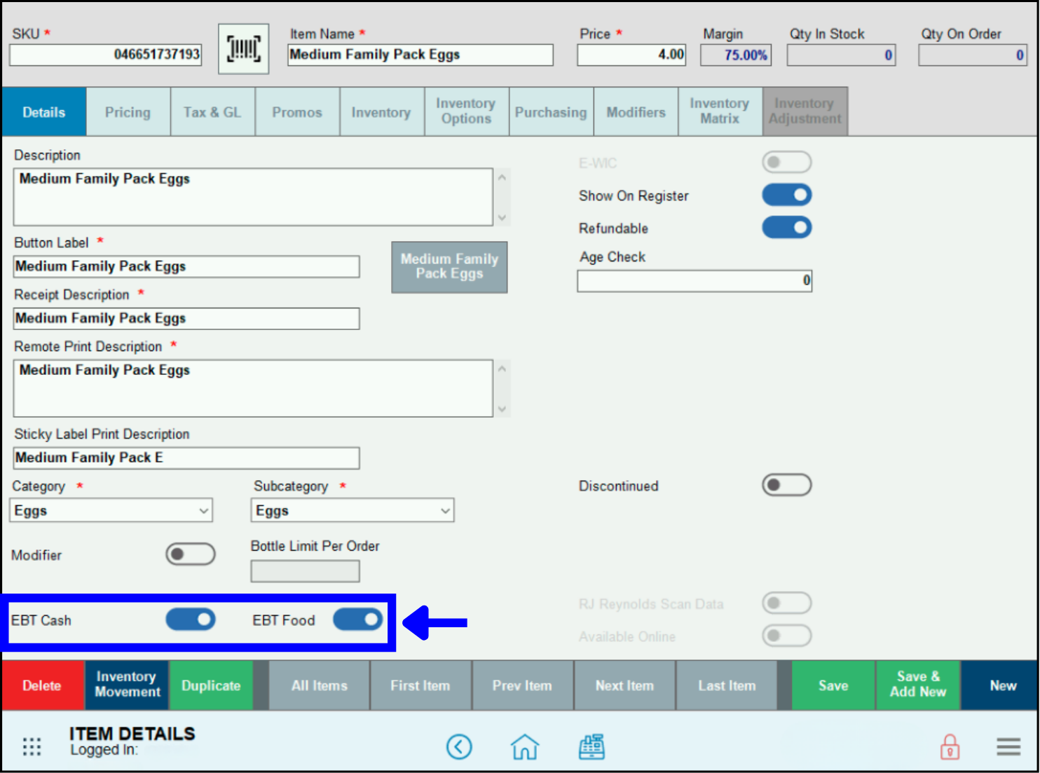 EBT cash and ebt food sliders enabled and highlighted