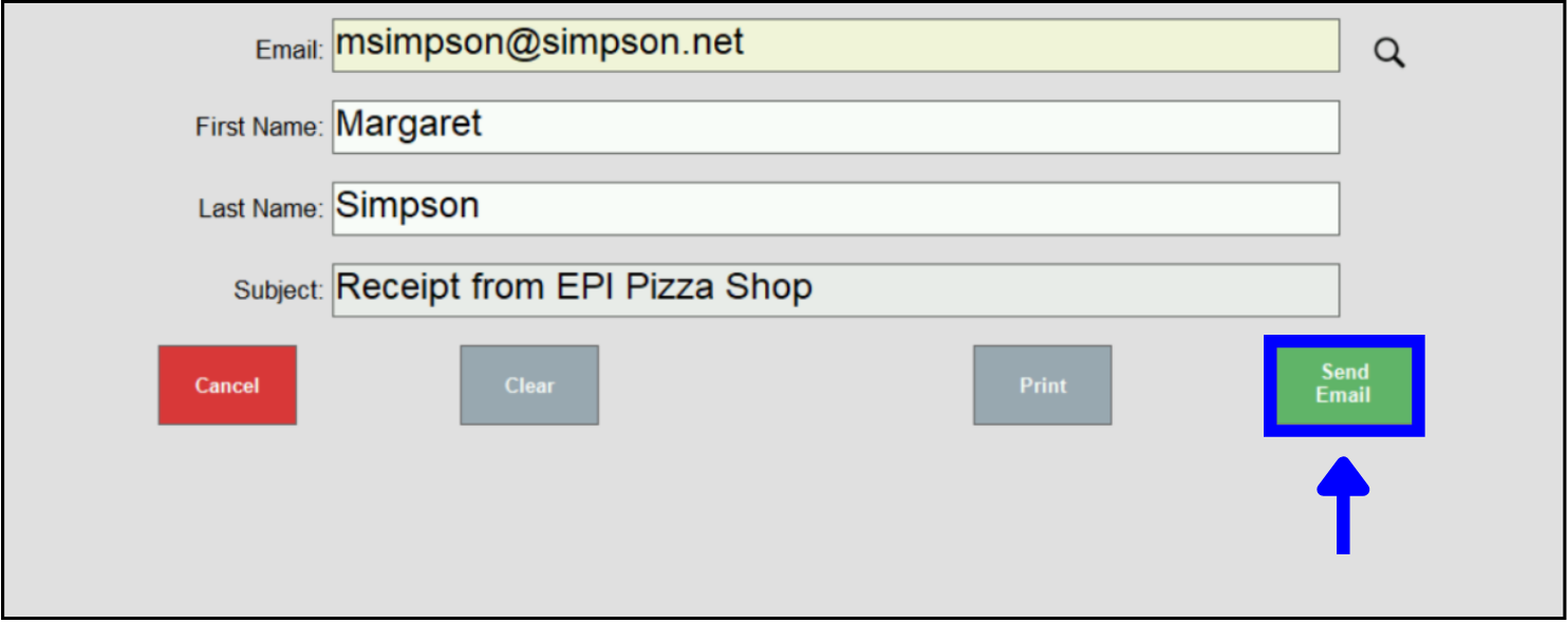 Send email button highlighted in email receipt pop-up window