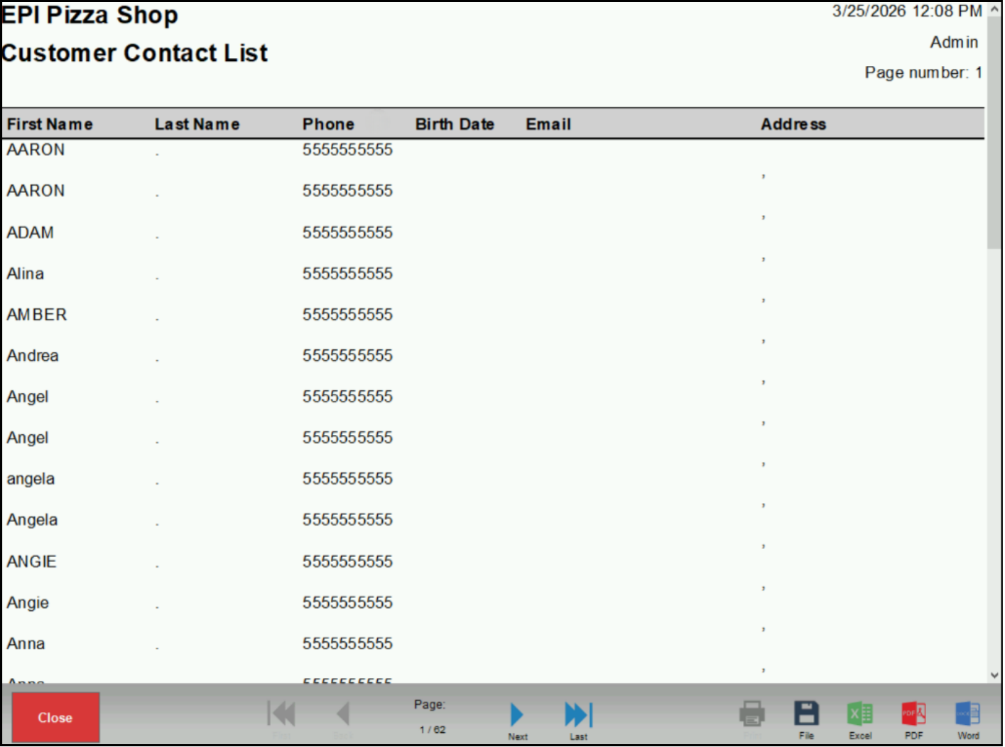 Customer Contact List