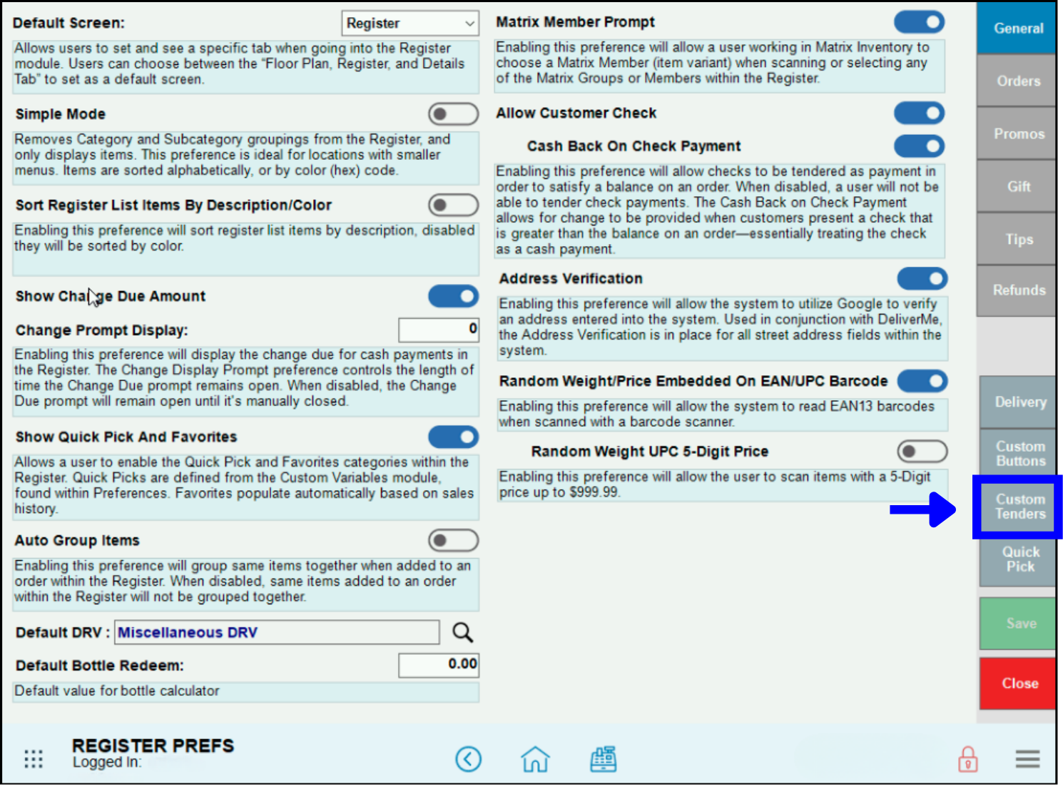 Custom tenders tab highlighted