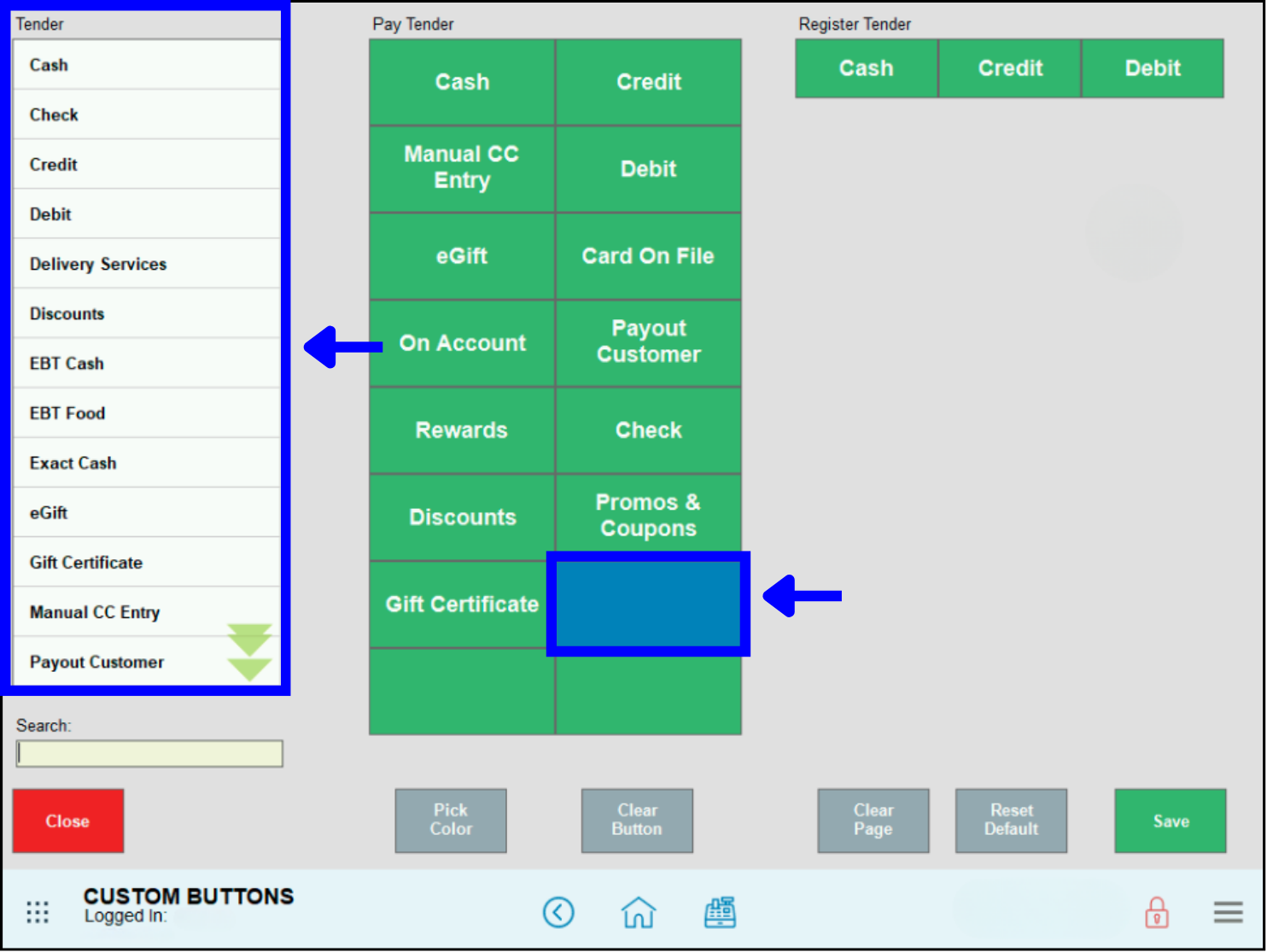 Blank button in payment grid highlighted with arrow leading to illuminated tender list
