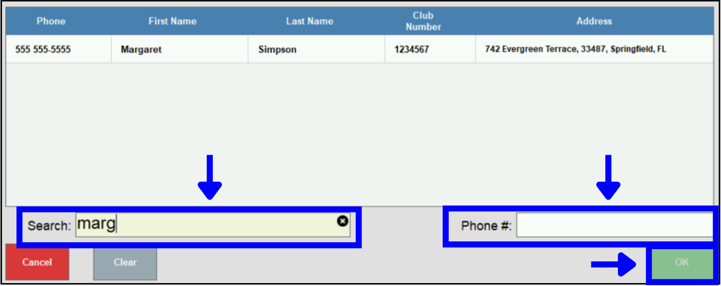 OK button highlighted on customer search screen