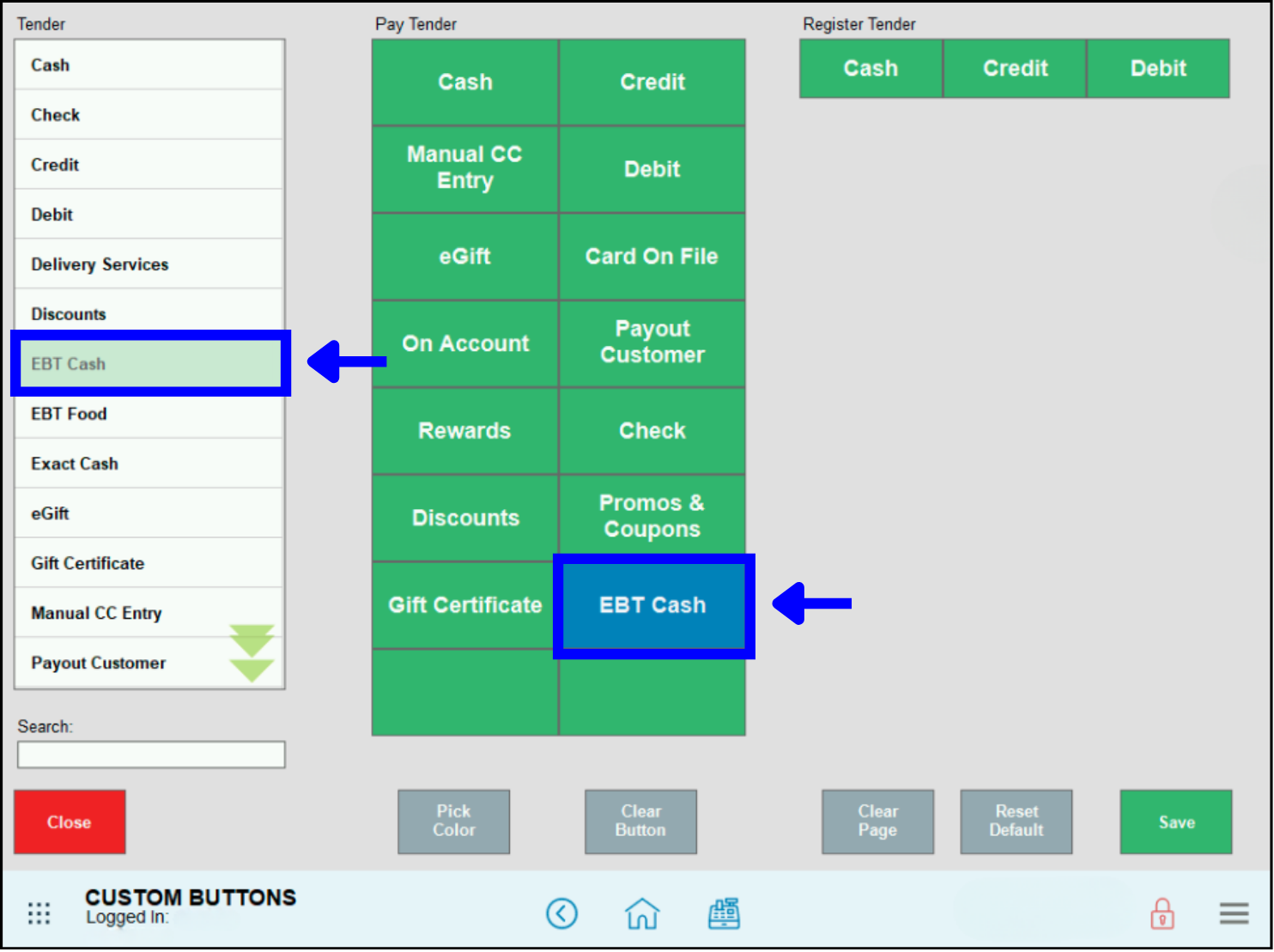 EBT cash highlighted in tender list with arrow leading to ebt cash button in payment option grid
