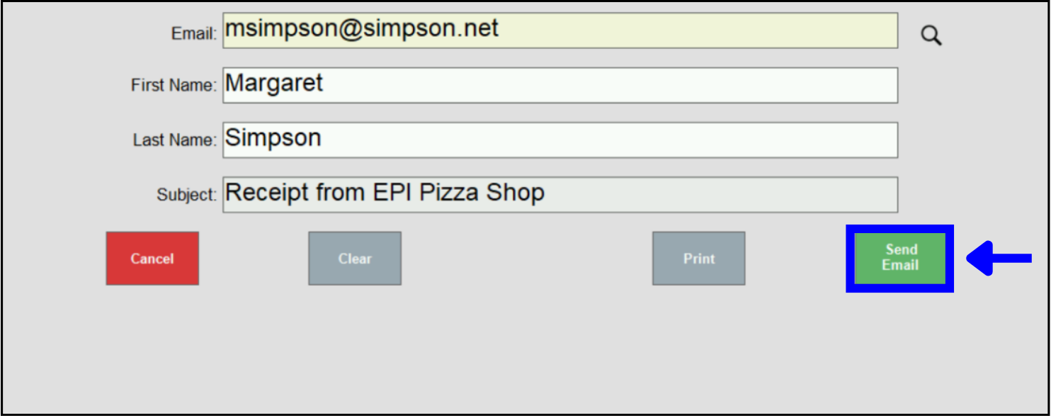Send email button highlighted on email receipt prompt pop-up window