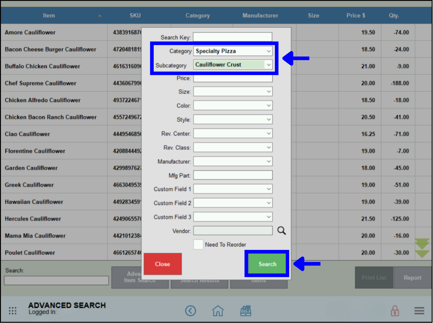 Select filters then Tap Search