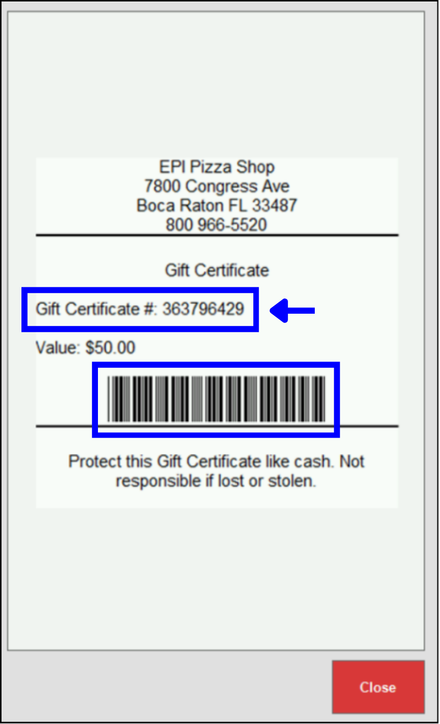 Receipt with certificate number
