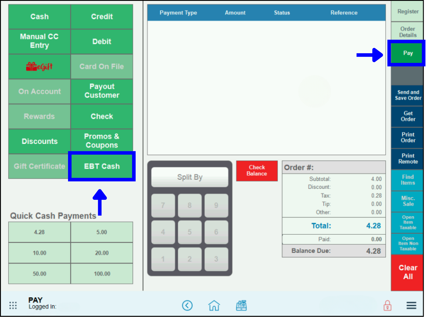 Pay tab highlighted with arrow pointing to ebt cash payment button