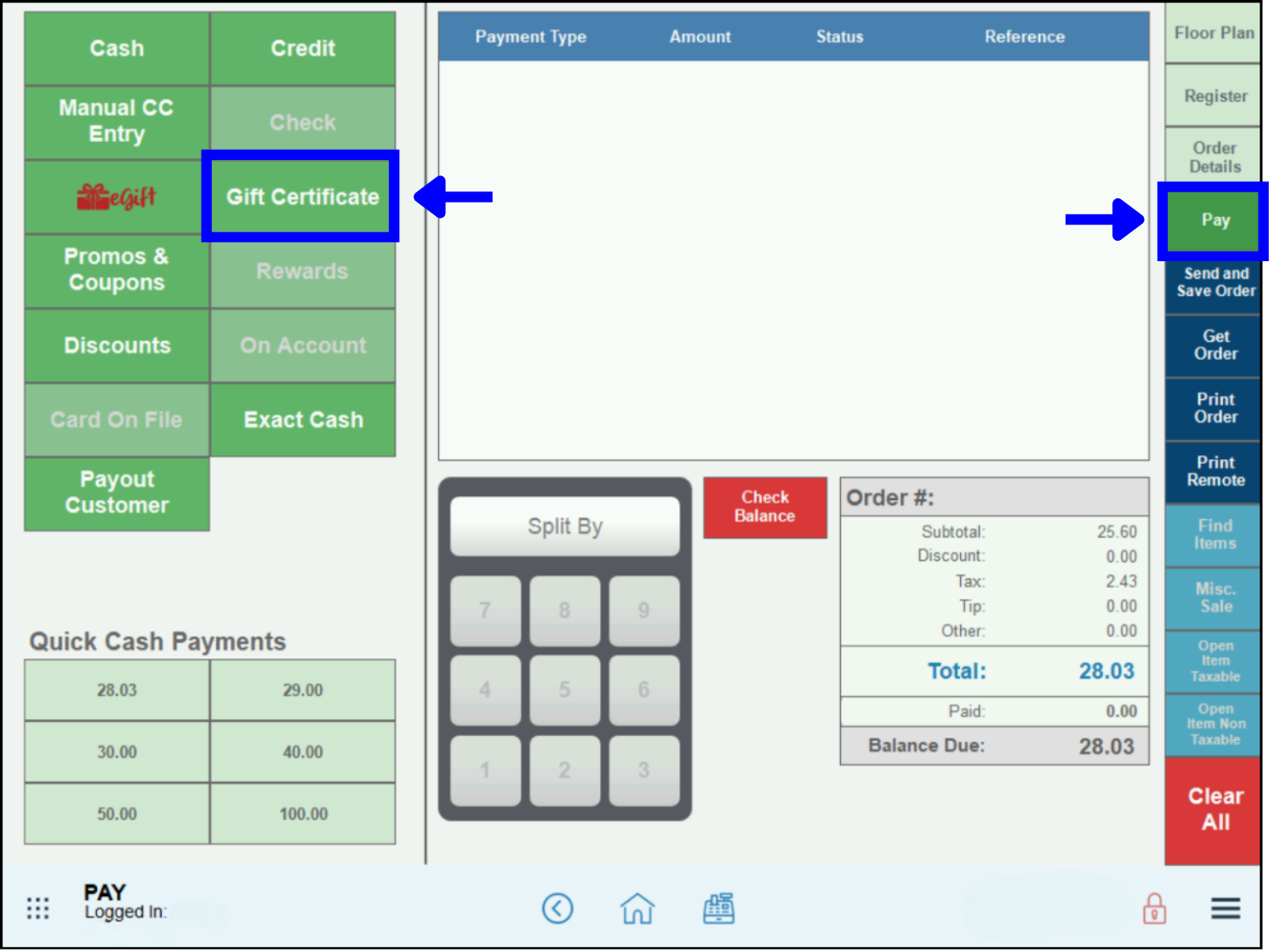 Tap Pay then Gift Certificate