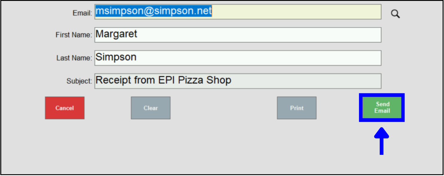 Send email button highlighted on email receipt prompt pop-up window