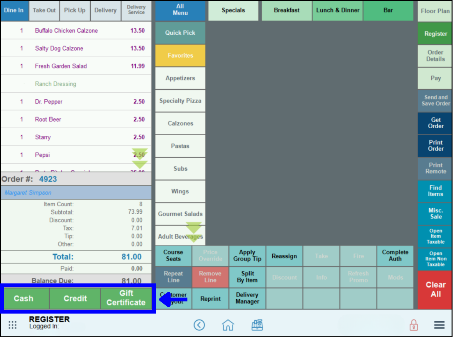 Register app screen with customer order displayed
