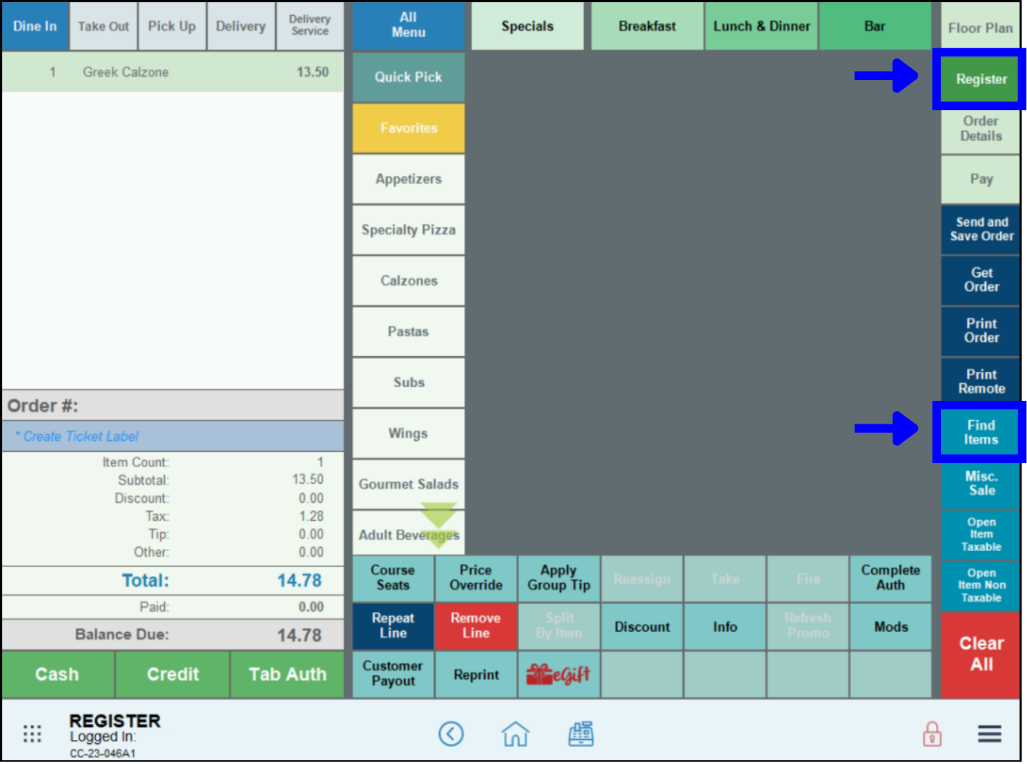 Register and find items tabs highlighted in the register app